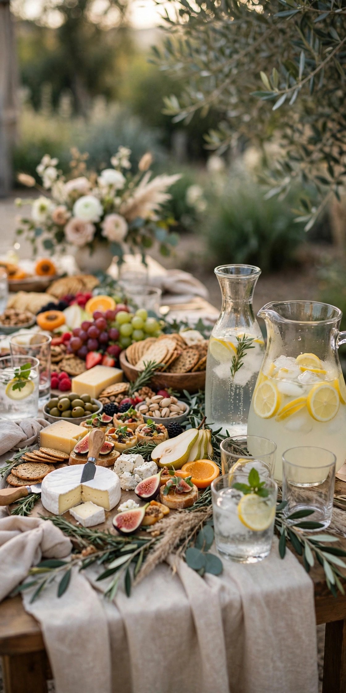 Cocktail hour grazing table with small bites, cheeses and fresh fruit at a wedding