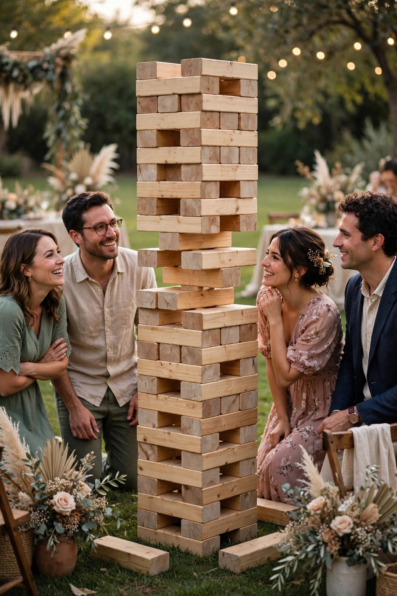 Giant Jenga Tower Station at a wedding reception — cocktail hour fun between the ceremony and dinner