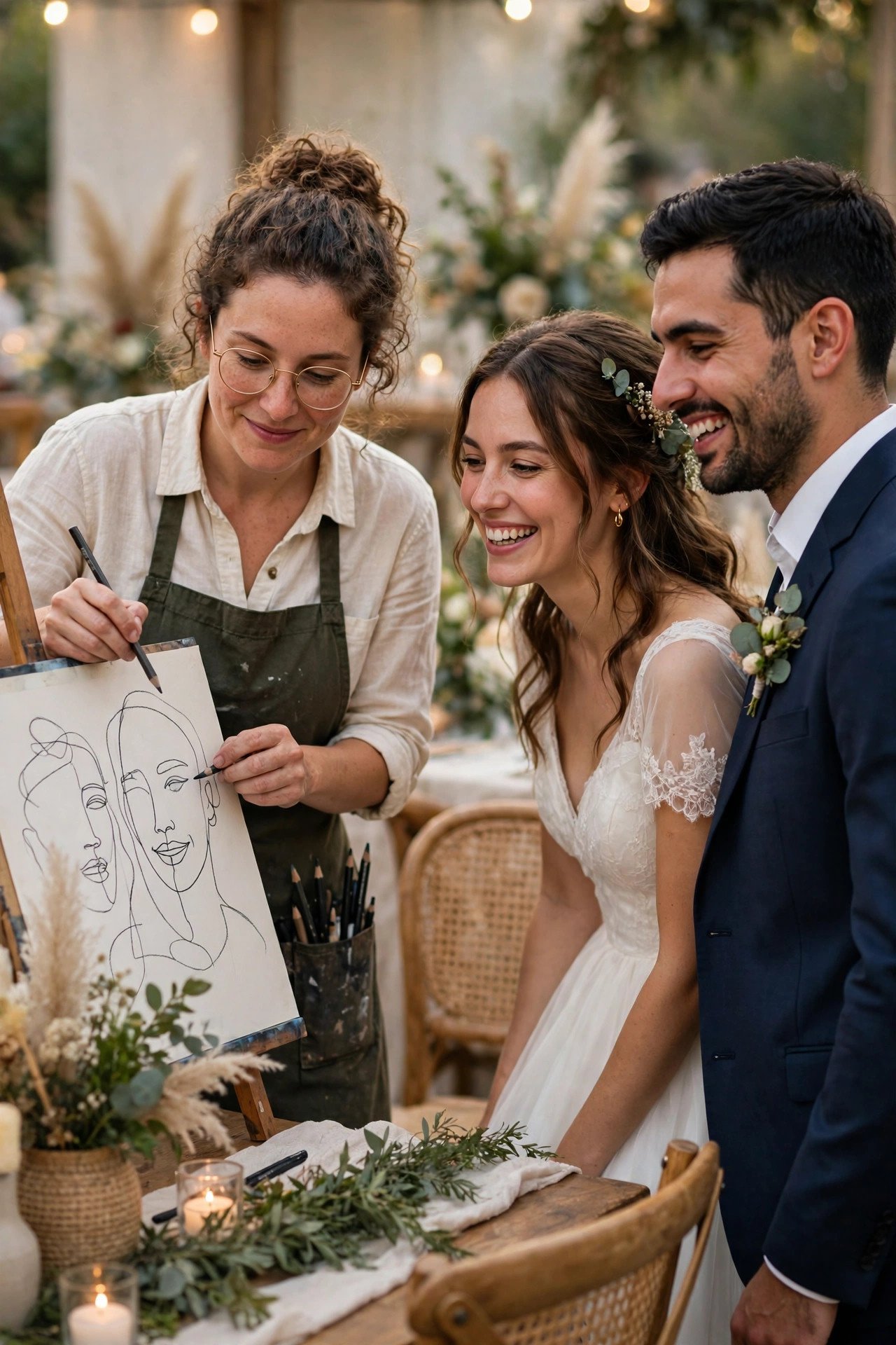 Caricature Artist Corner at a wedding reception — cocktail hour fun between the ceremony and dinner