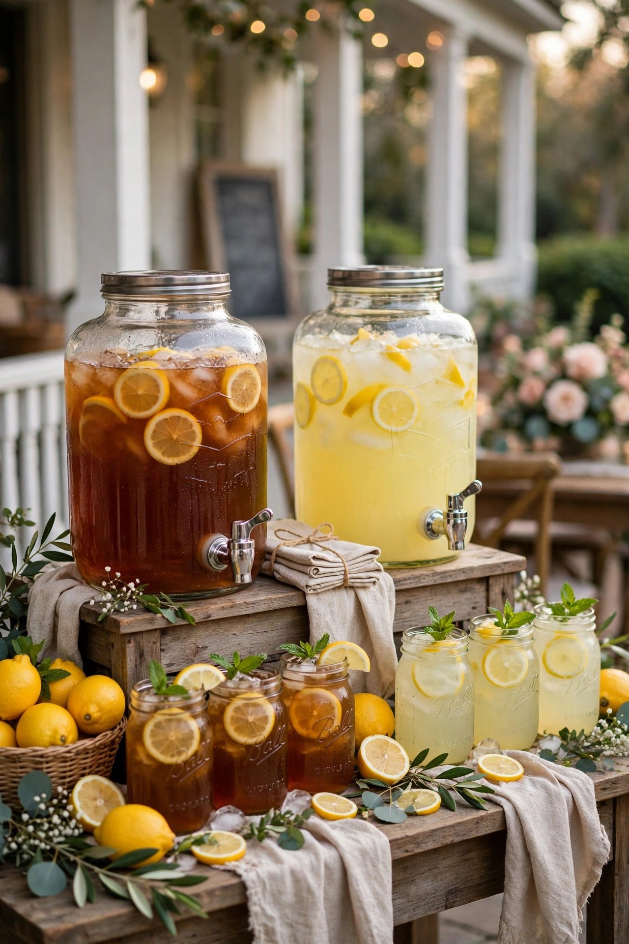 Sweet Tea & Lemonade Porch Stand at a wedding reception — cocktail hour fun between the ceremony and dinner