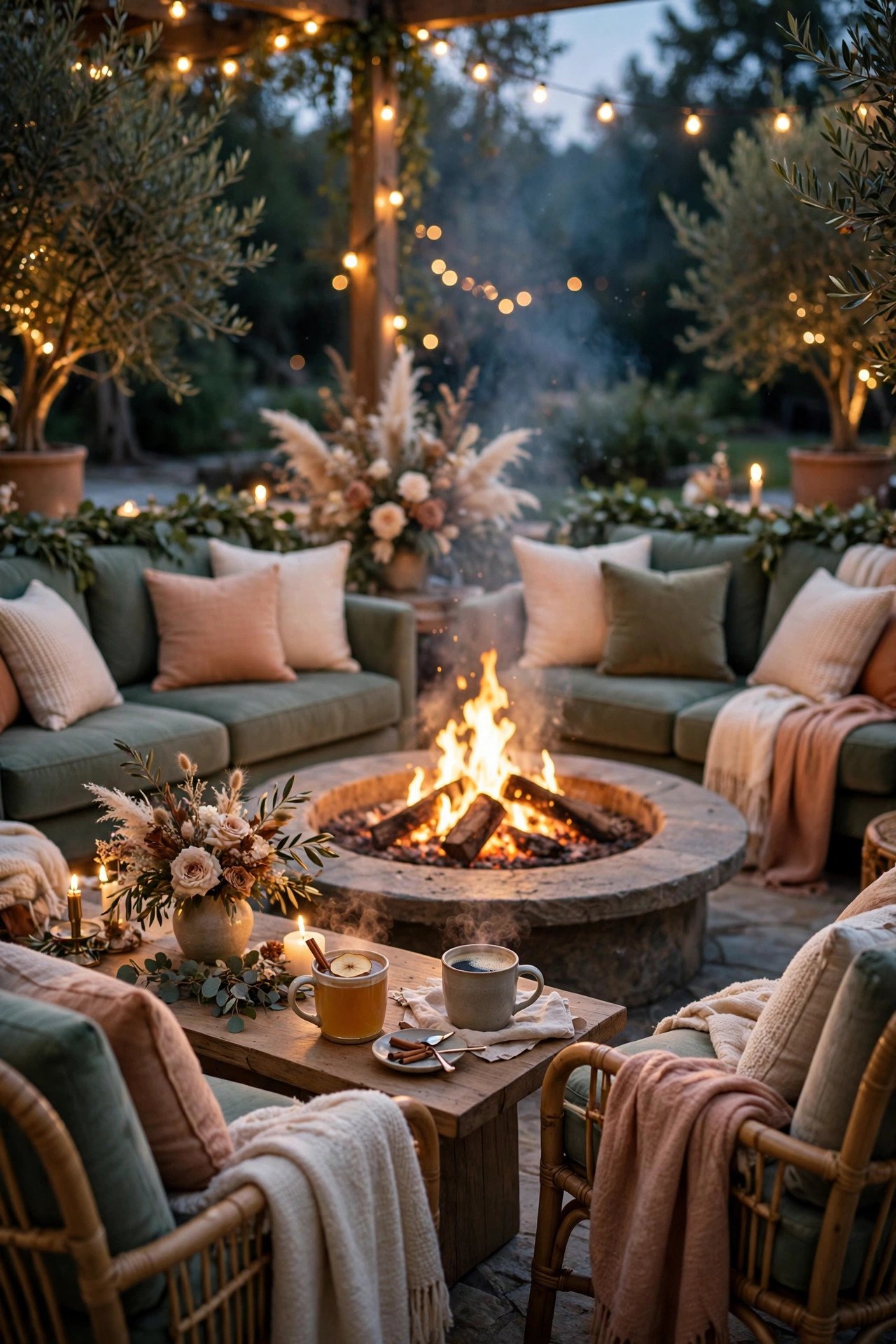 Outdoor Lounge With Fire Pit at a wedding reception — cocktail hour fun between the ceremony and dinner