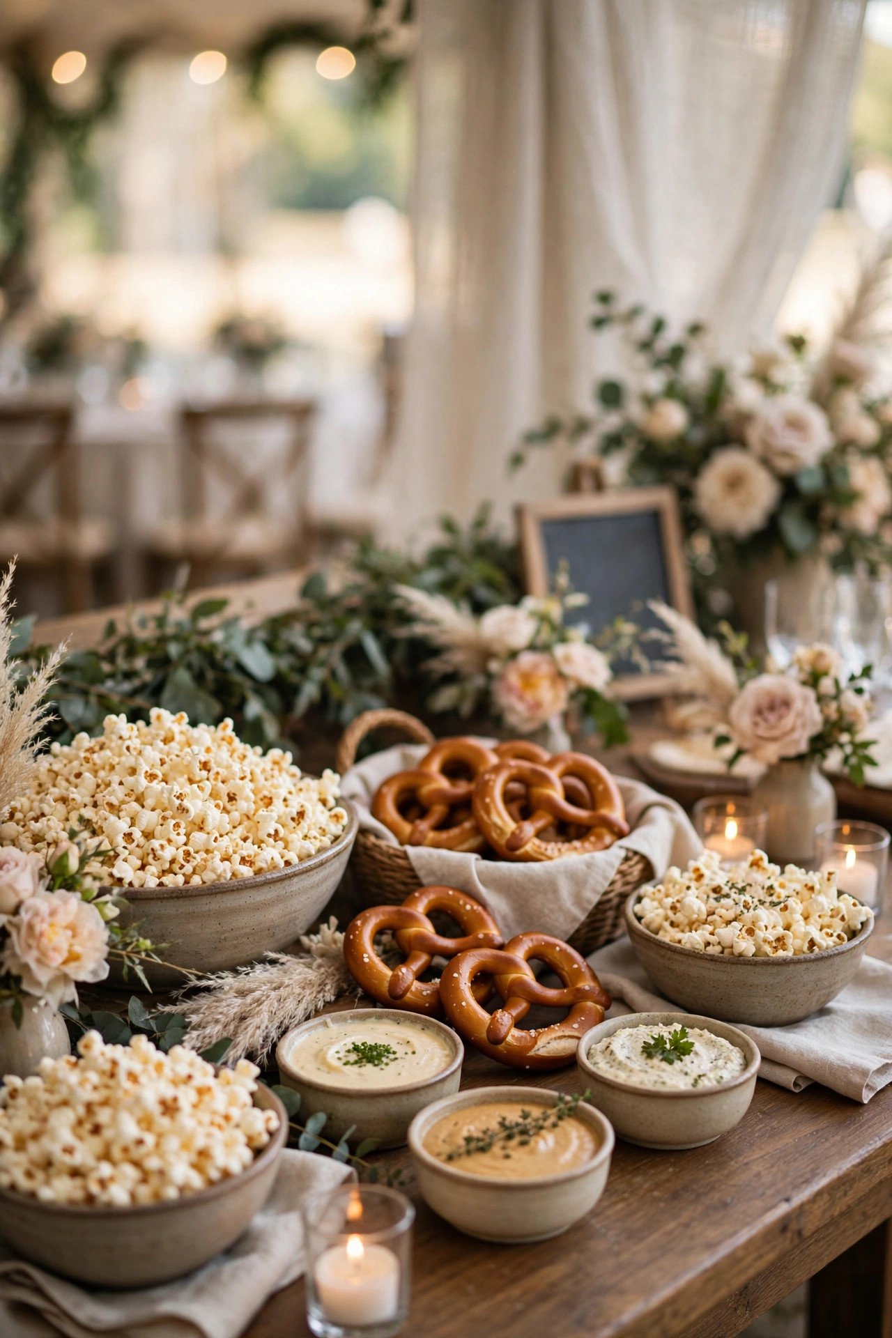 Popcorn & Pretzel Bar at a wedding reception — cocktail hour fun between the ceremony and dinner