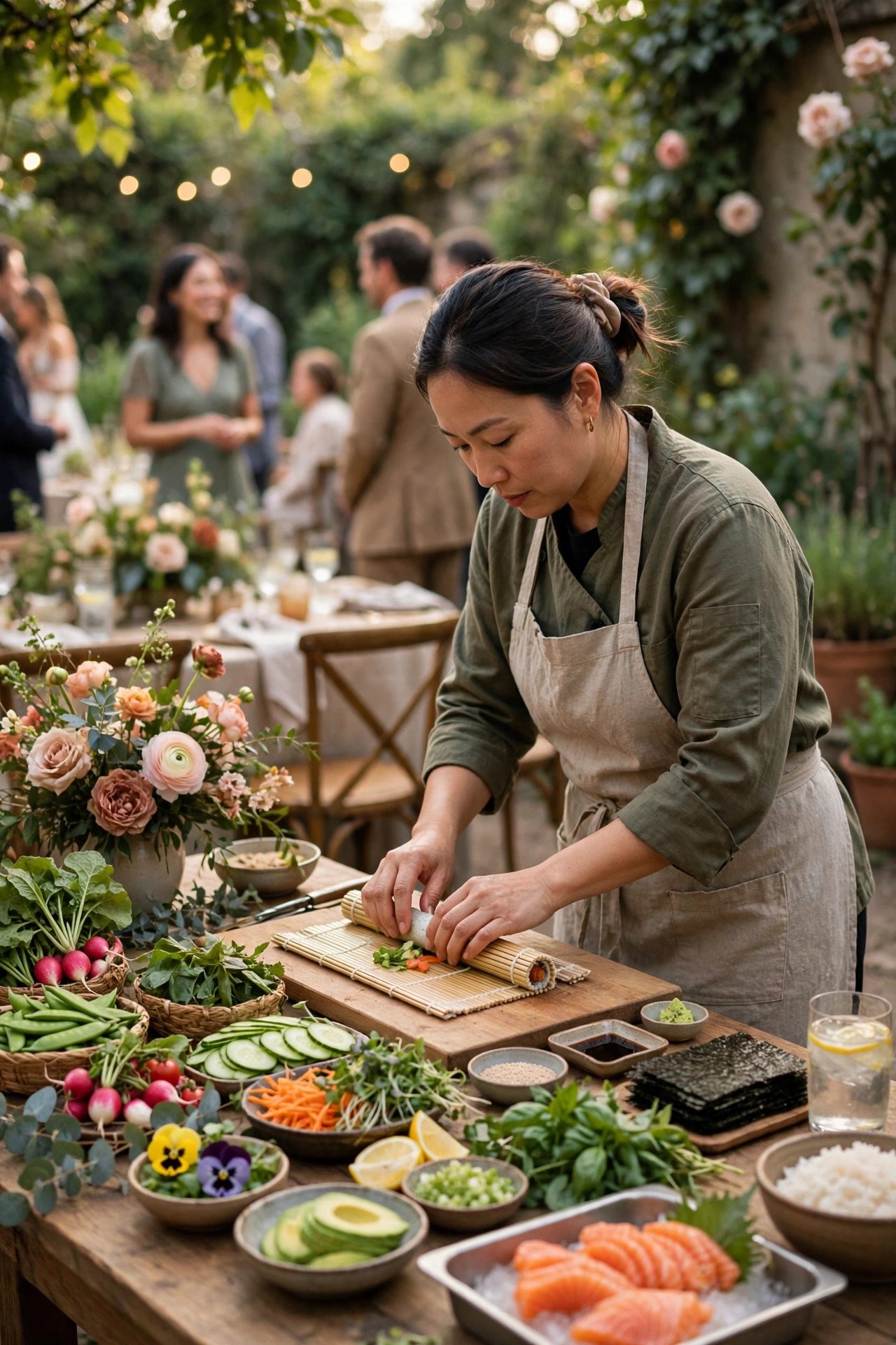 Garden Sushi Roll Station at a wedding reception — cocktail hour fun between the ceremony and dinner