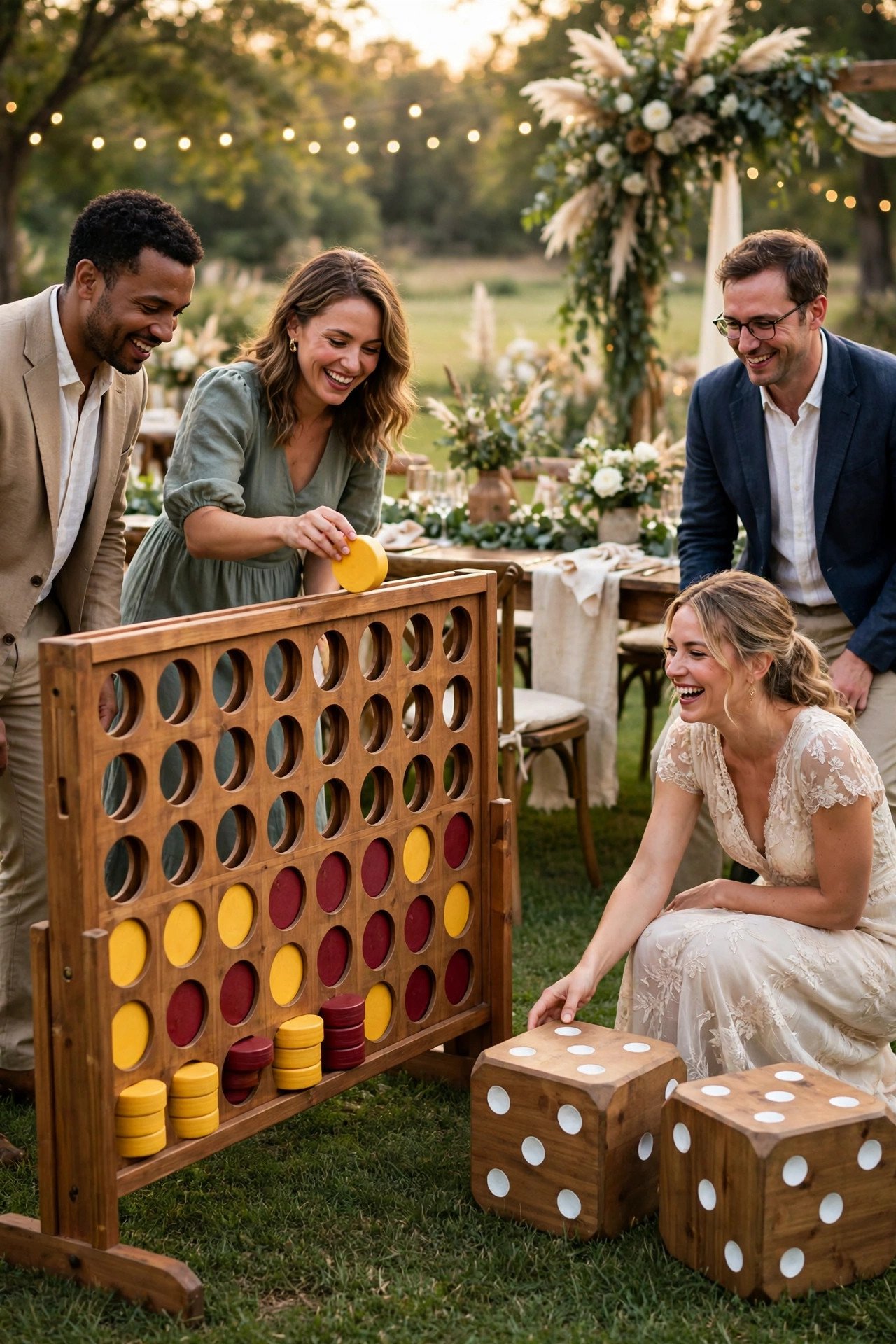 Giant Connect Four & Yard Dice at a wedding reception — cocktail hour fun between the ceremony and dinner