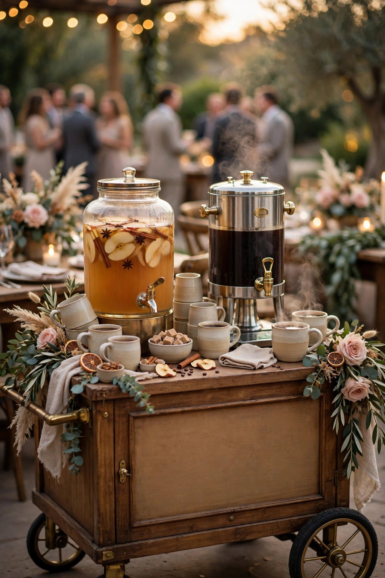 Hot Cider & Coffee Cart at a wedding reception — cocktail hour fun between the ceremony and dinner