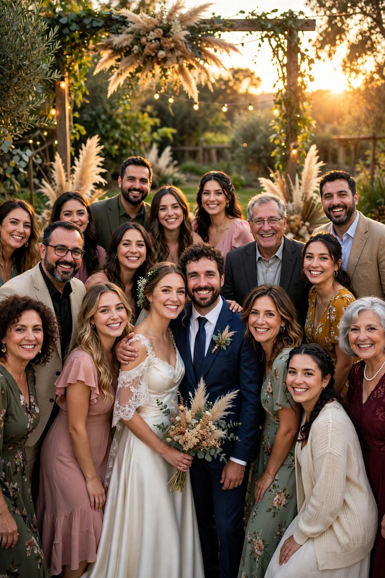 Golden-Hour Group Photo Moment at a wedding reception — cocktail hour fun between the ceremony and dinner