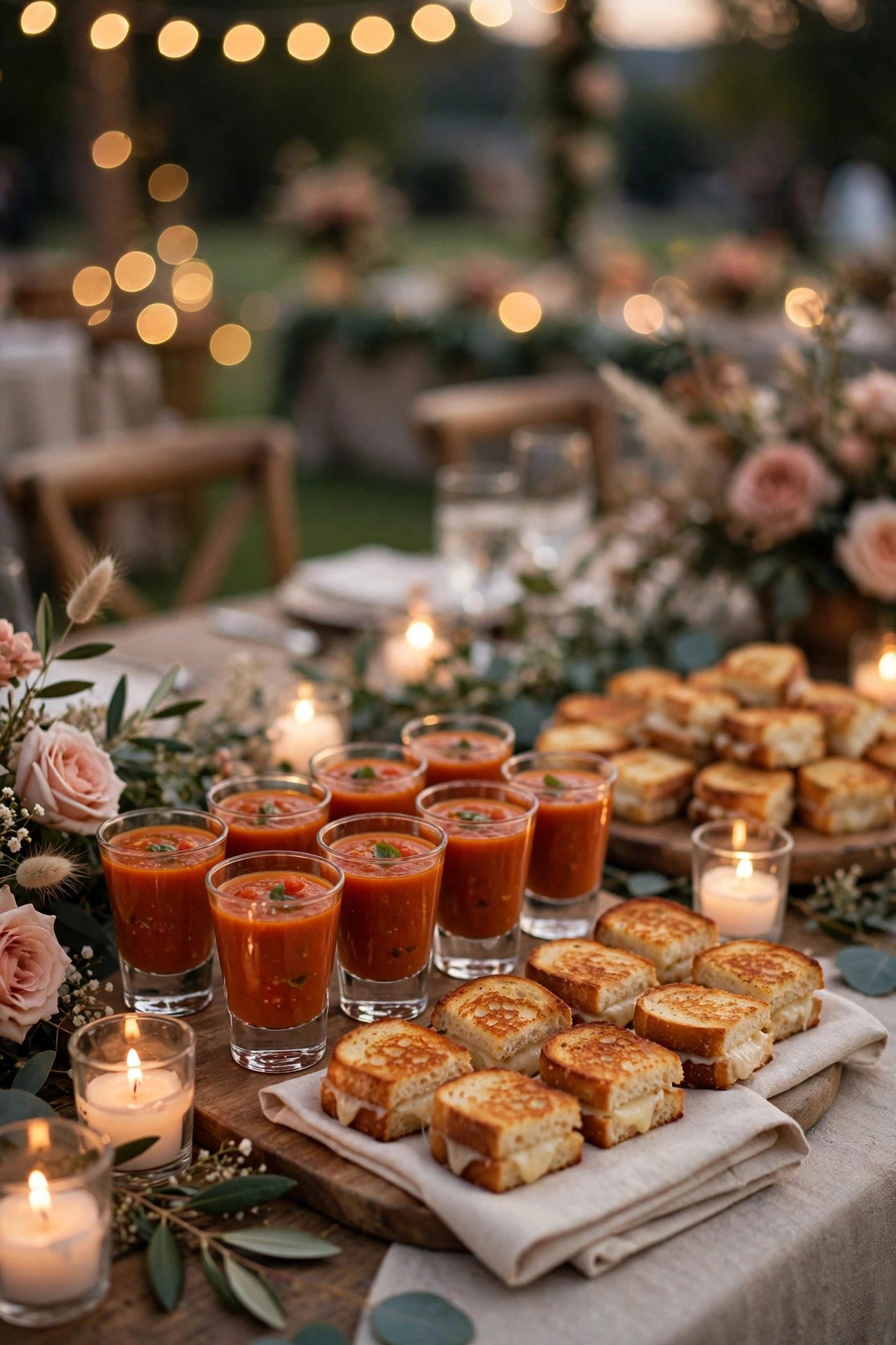 Grilled Cheese & Tomato Soup Shooters at a wedding reception — a late-night snack reveal that refuels the party