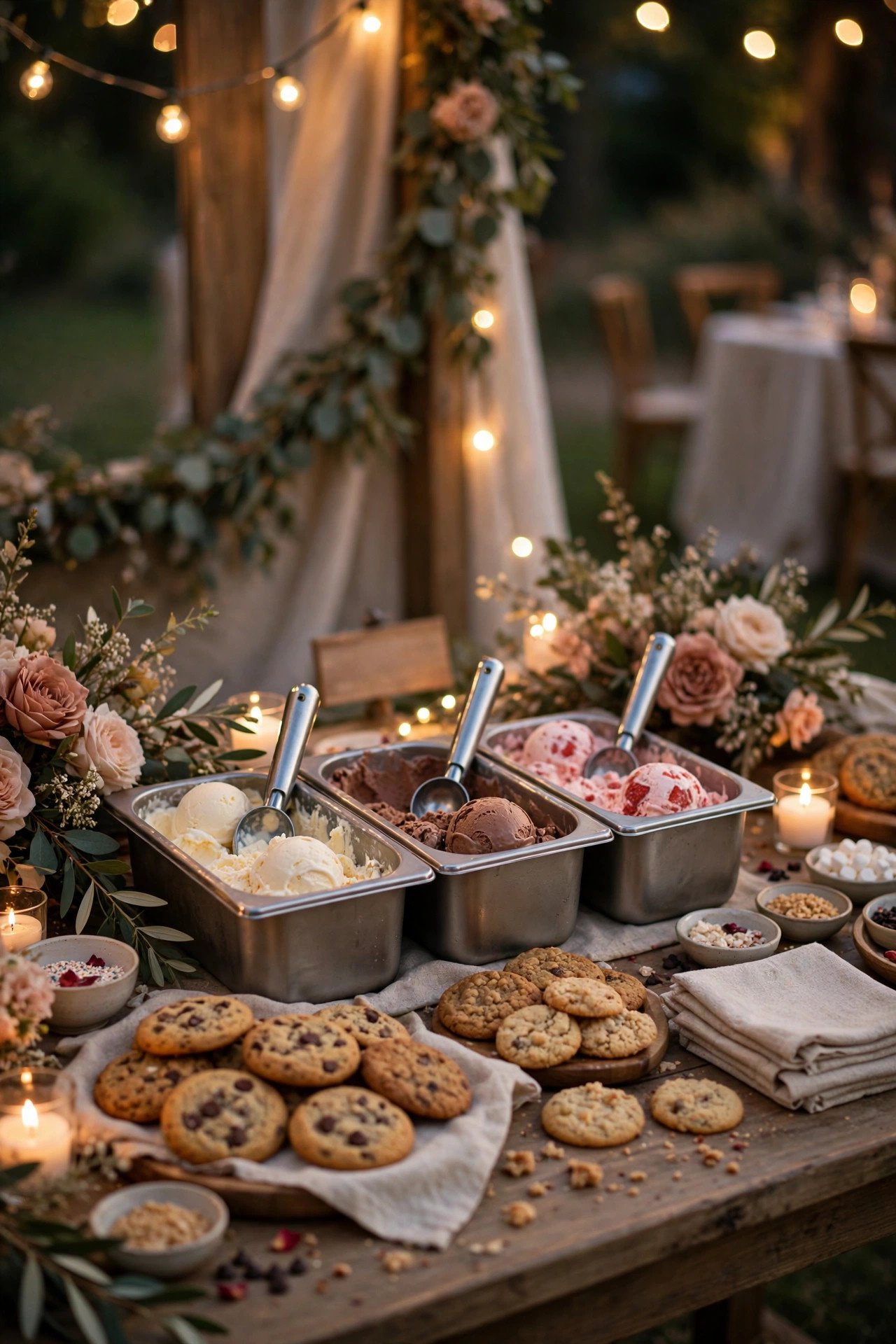 Ice Cream & Cookie Bar at a wedding reception — a late-night snack reveal that refuels the party