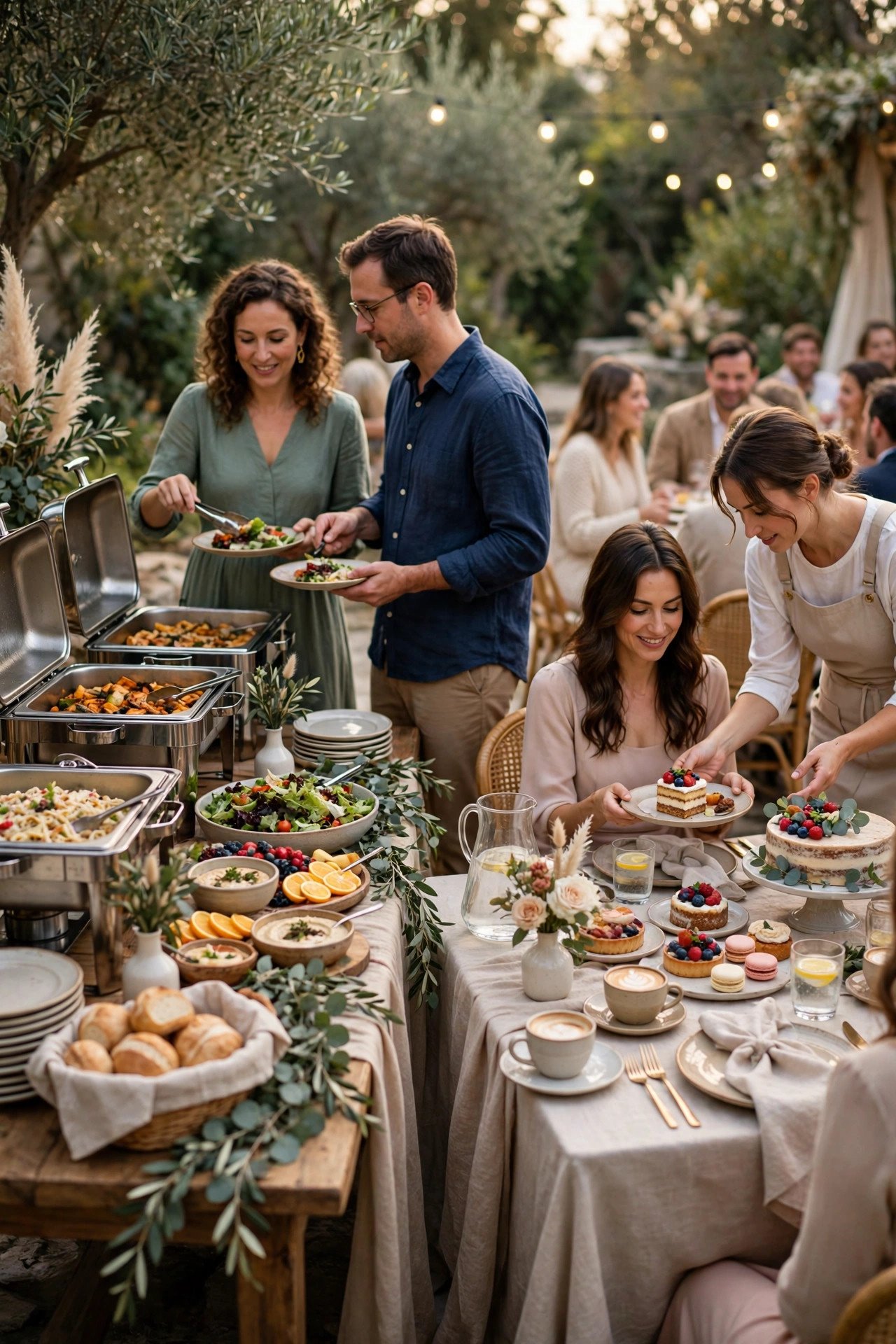 The Hybrid: Buffet Stations Plus Seated Dessert — wedding catering detail for a 2027 reception