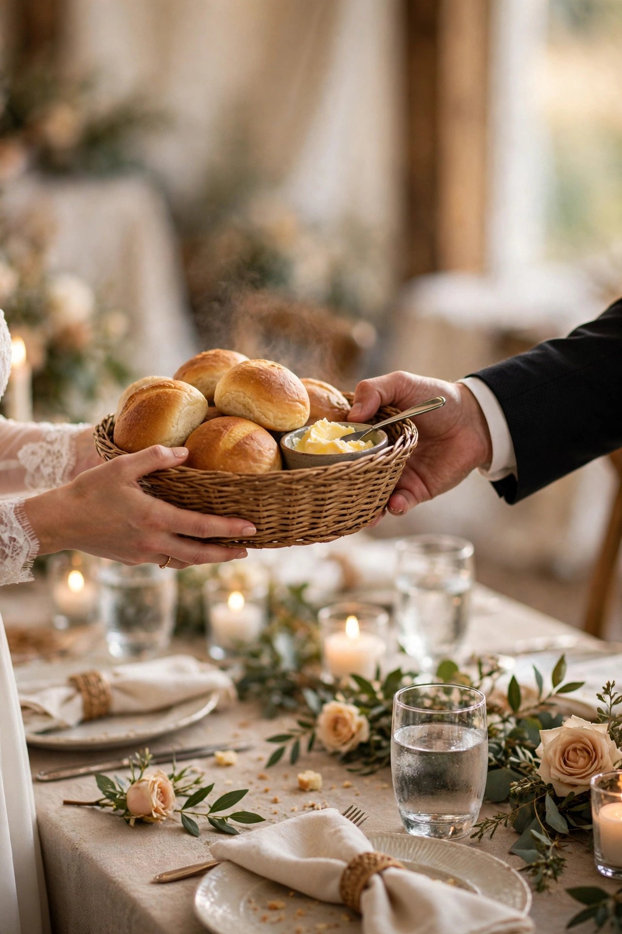 Warm Bread and Butter Service — wedding catering detail for a 2027 reception