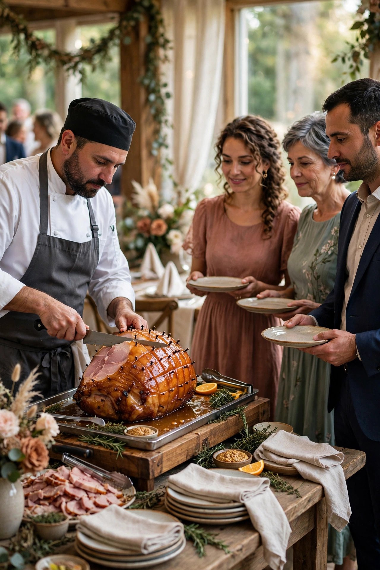 Honey-Glazed Ham Carving Station — wedding catering detail for a 2027 reception