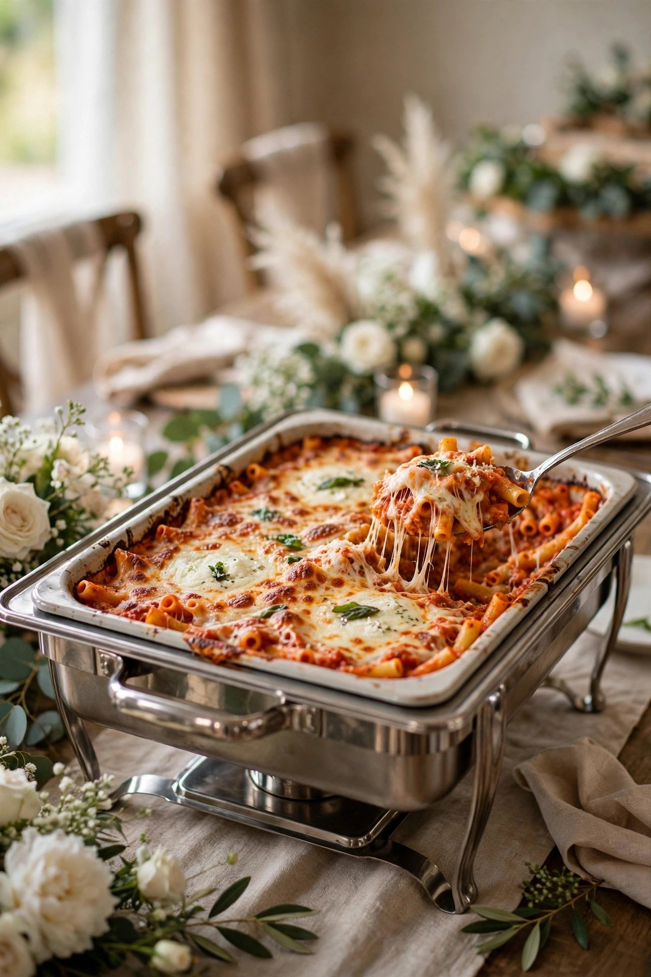 Baked Ziti with Three Cheeses — wedding catering detail for a 2027 reception