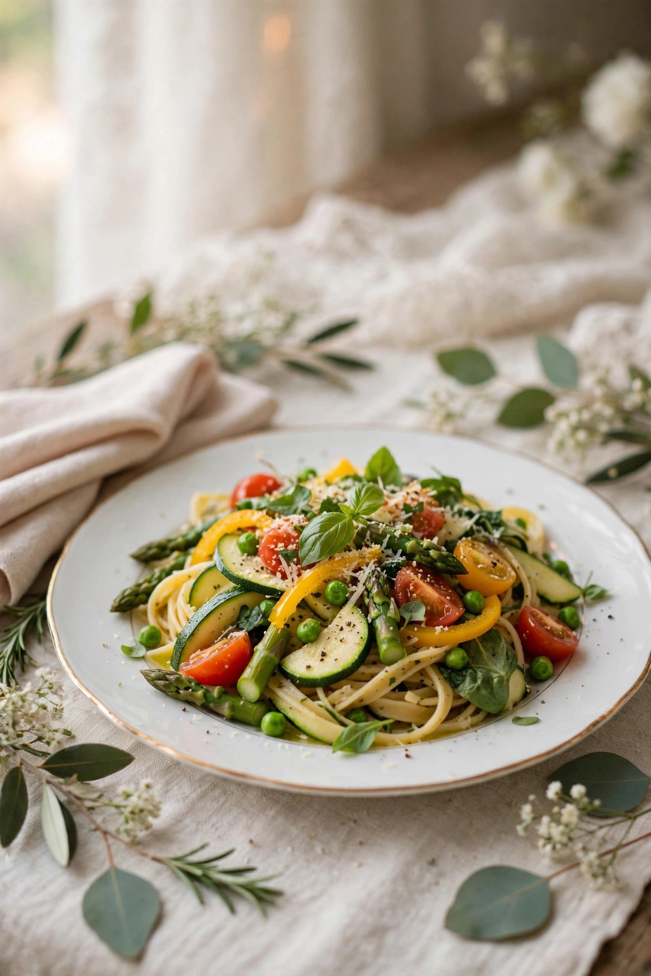 Pasta Primavera with Garden Vegetables — wedding catering detail for a 2027 reception