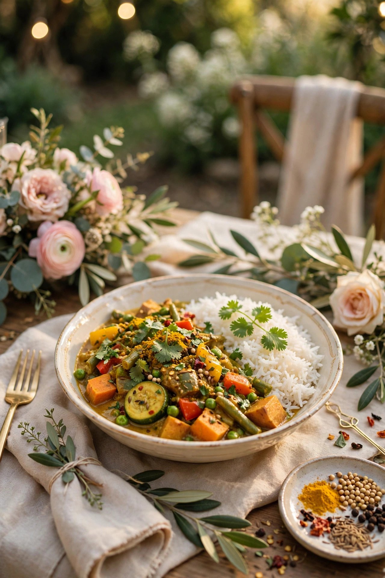 Garden Vegetable Curry with Rice — wedding catering detail for a 2027 reception