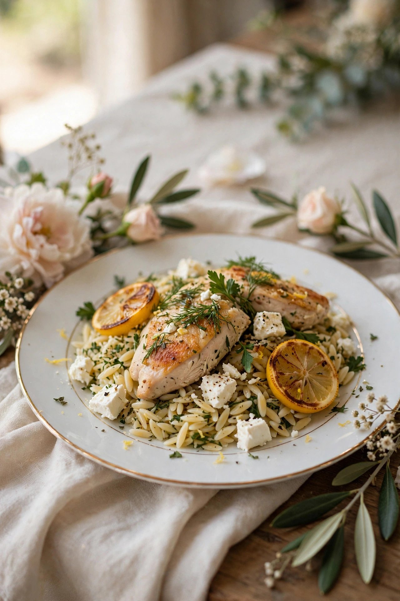 Greek Lemon Chicken with Orzo — wedding catering detail for a 2027 reception