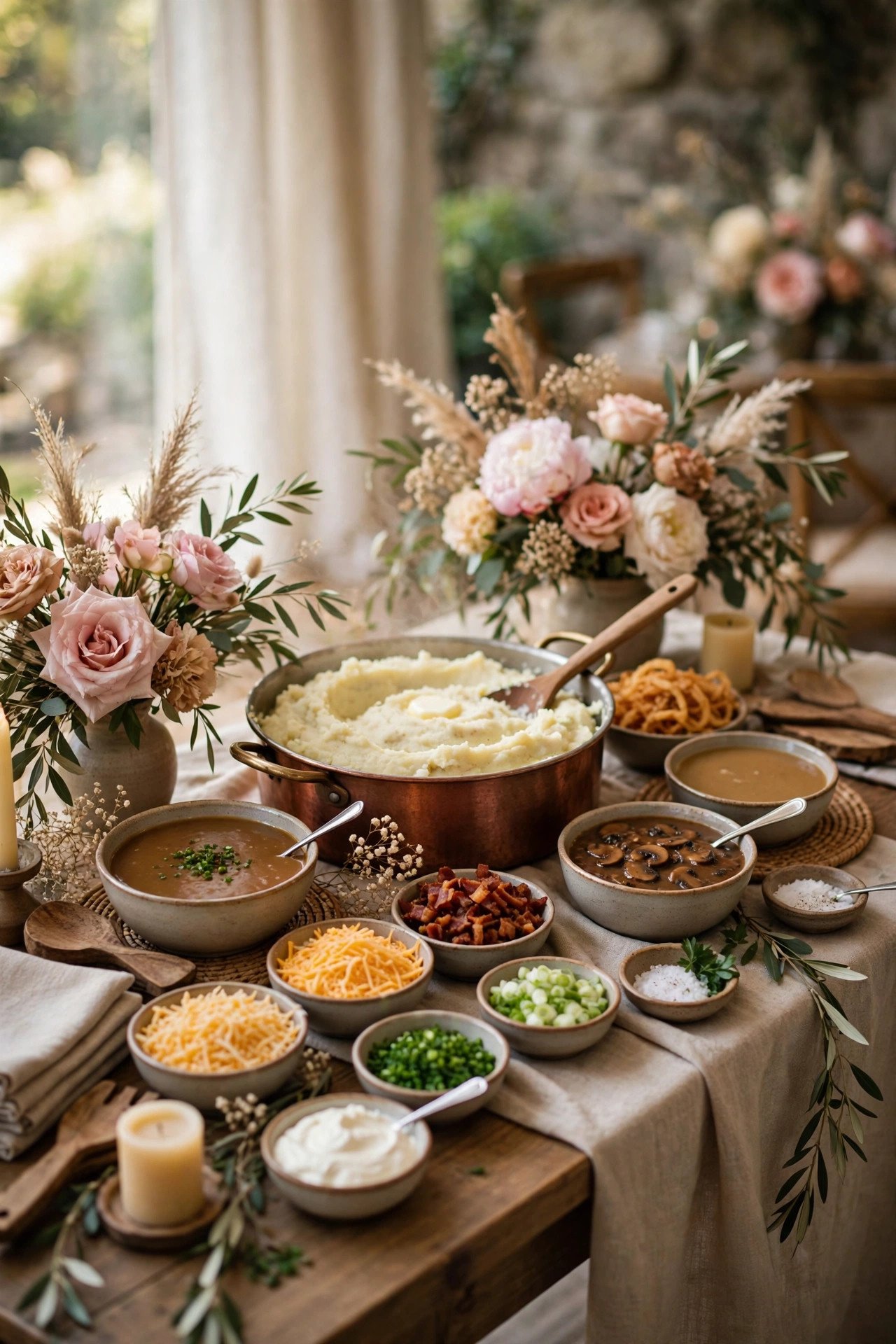 Mashed Potato Bar with Gravies — wedding catering detail for a 2027 reception
