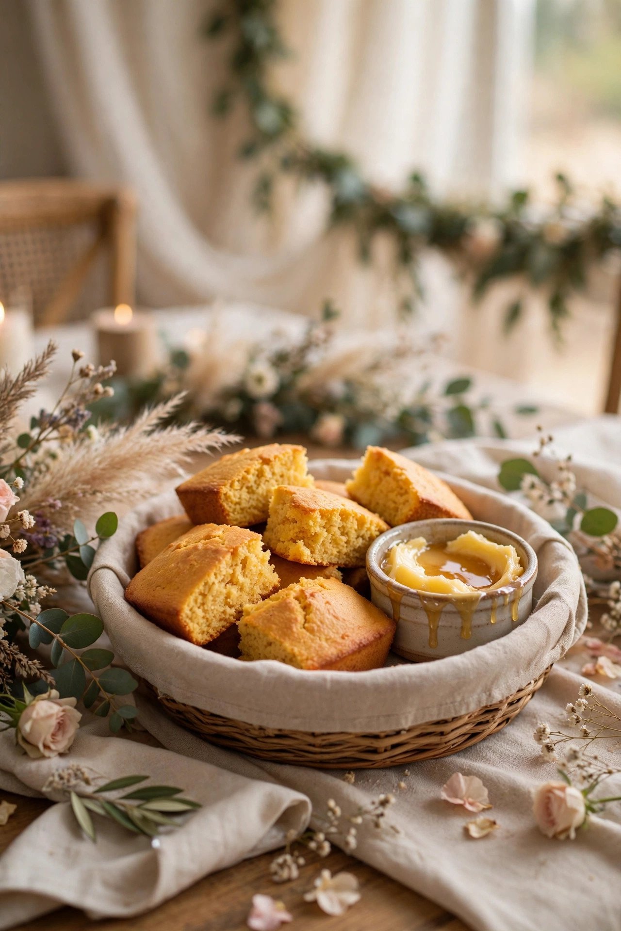 Cornbread and Honey Butter Basket Menu — wedding catering detail for a 2027 reception