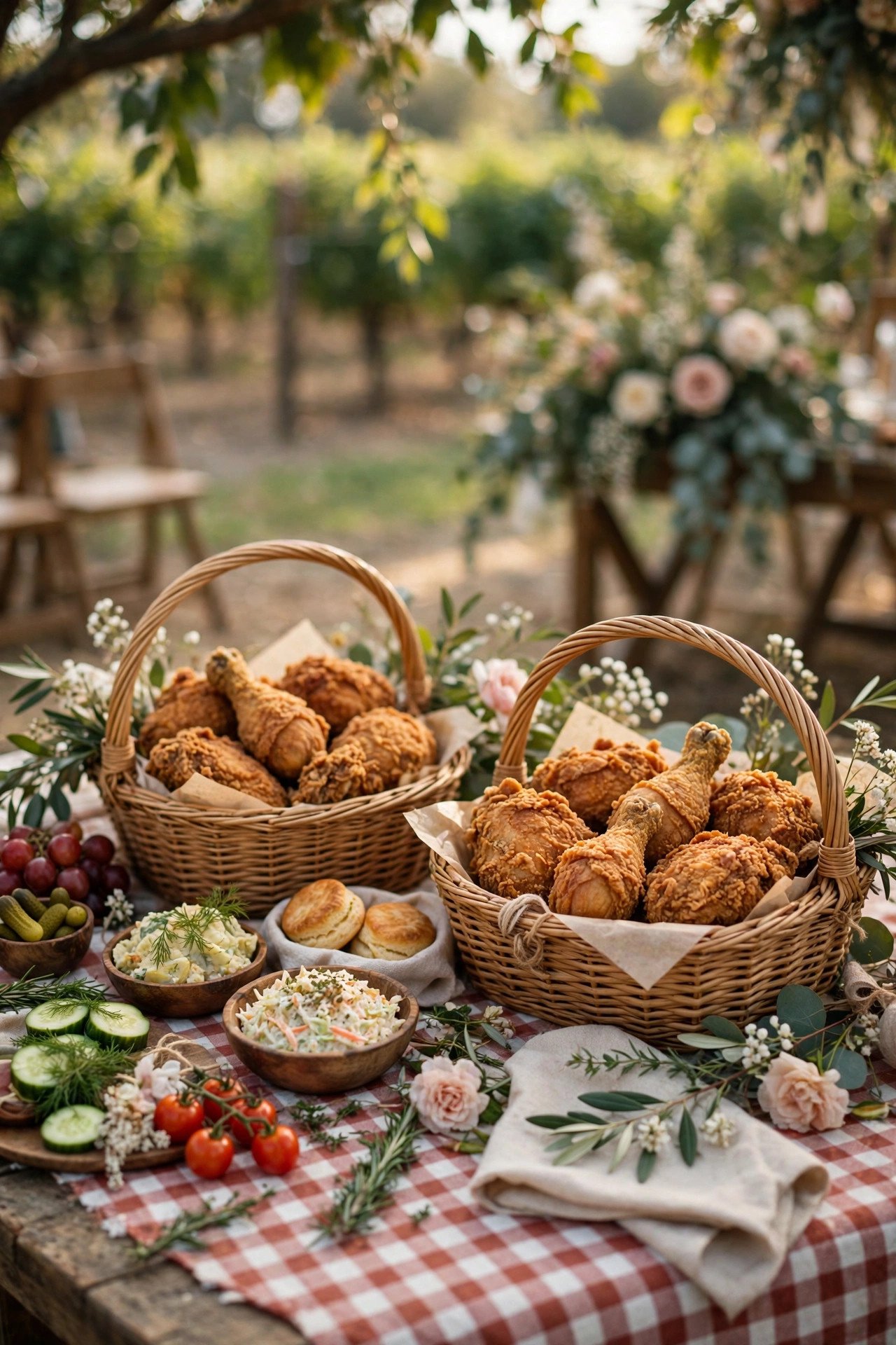 Picnic-Style Fried Chicken Basket Menu — wedding catering detail for a 2027 reception