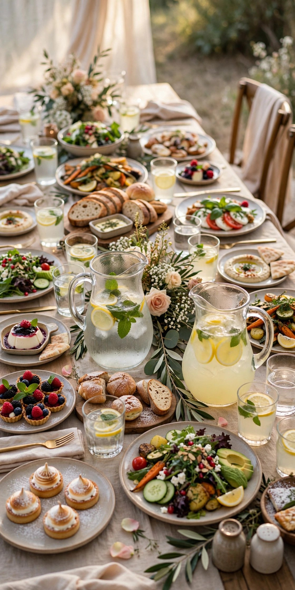Wedding reception table filled with varied plated dishes, salads, breads and desserts