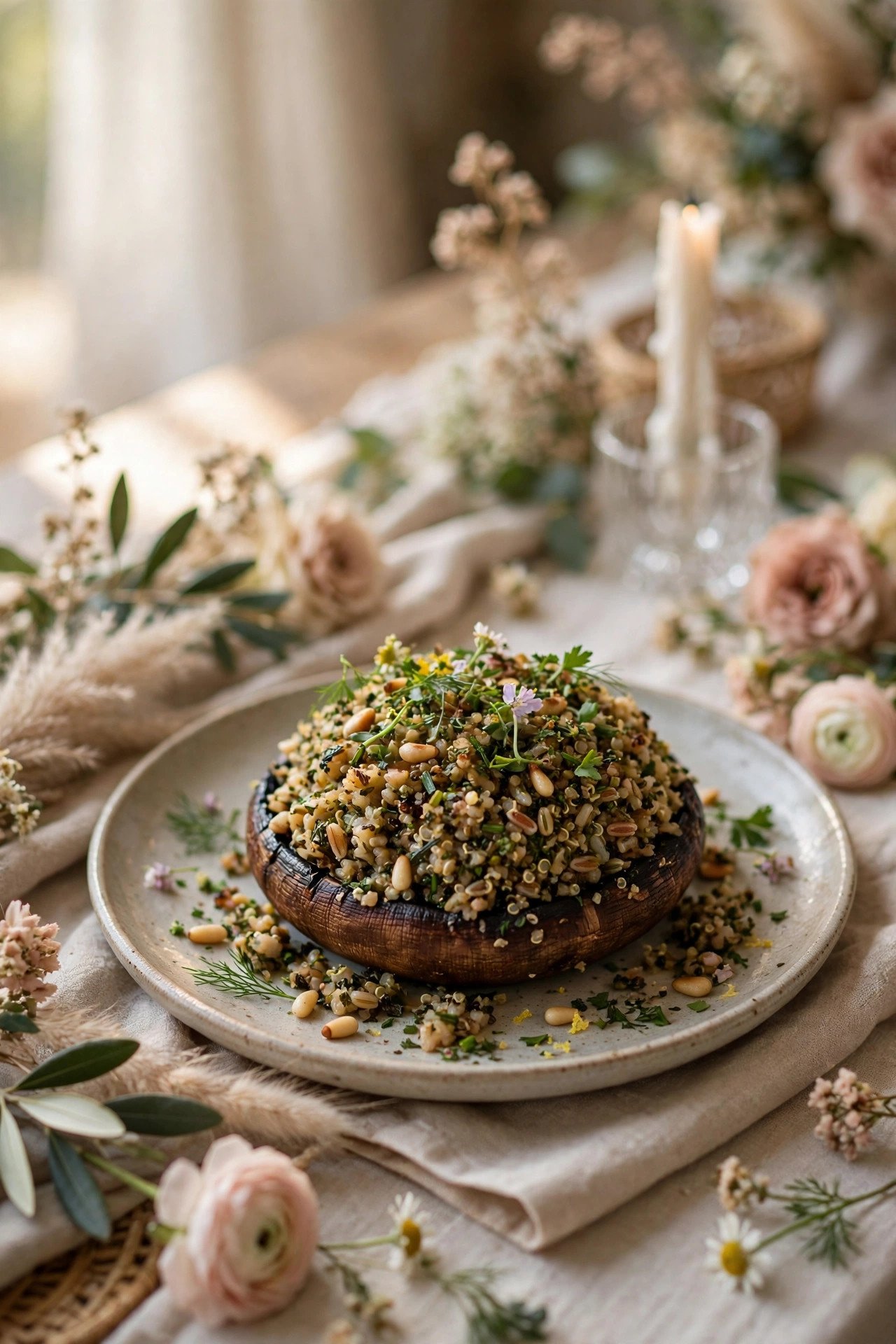 Stuffed Portobello with Herbed Grains — wedding catering detail for a 2027 reception