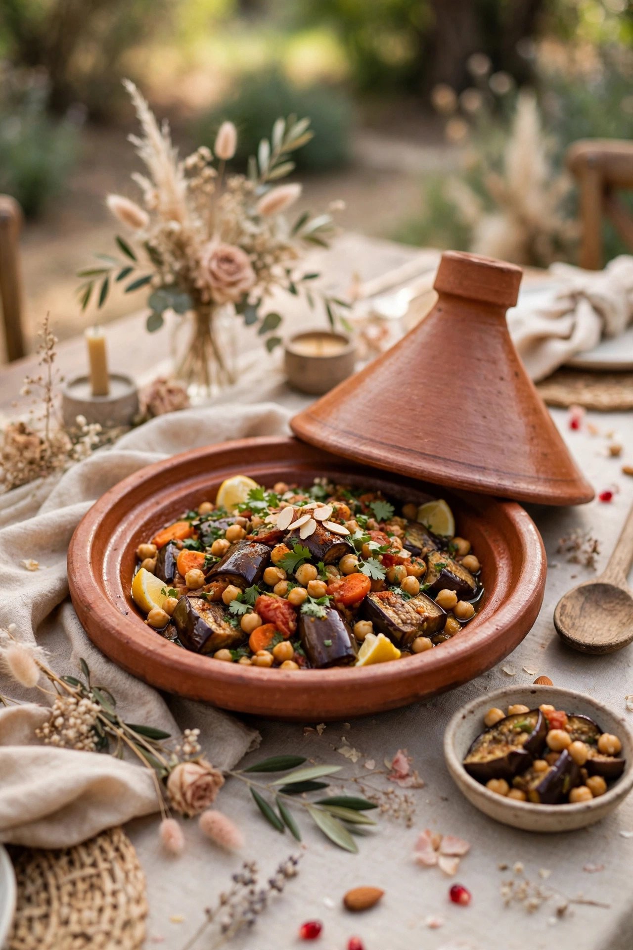Eggplant and Chickpea Tagine — wedding catering detail for a 2027 reception