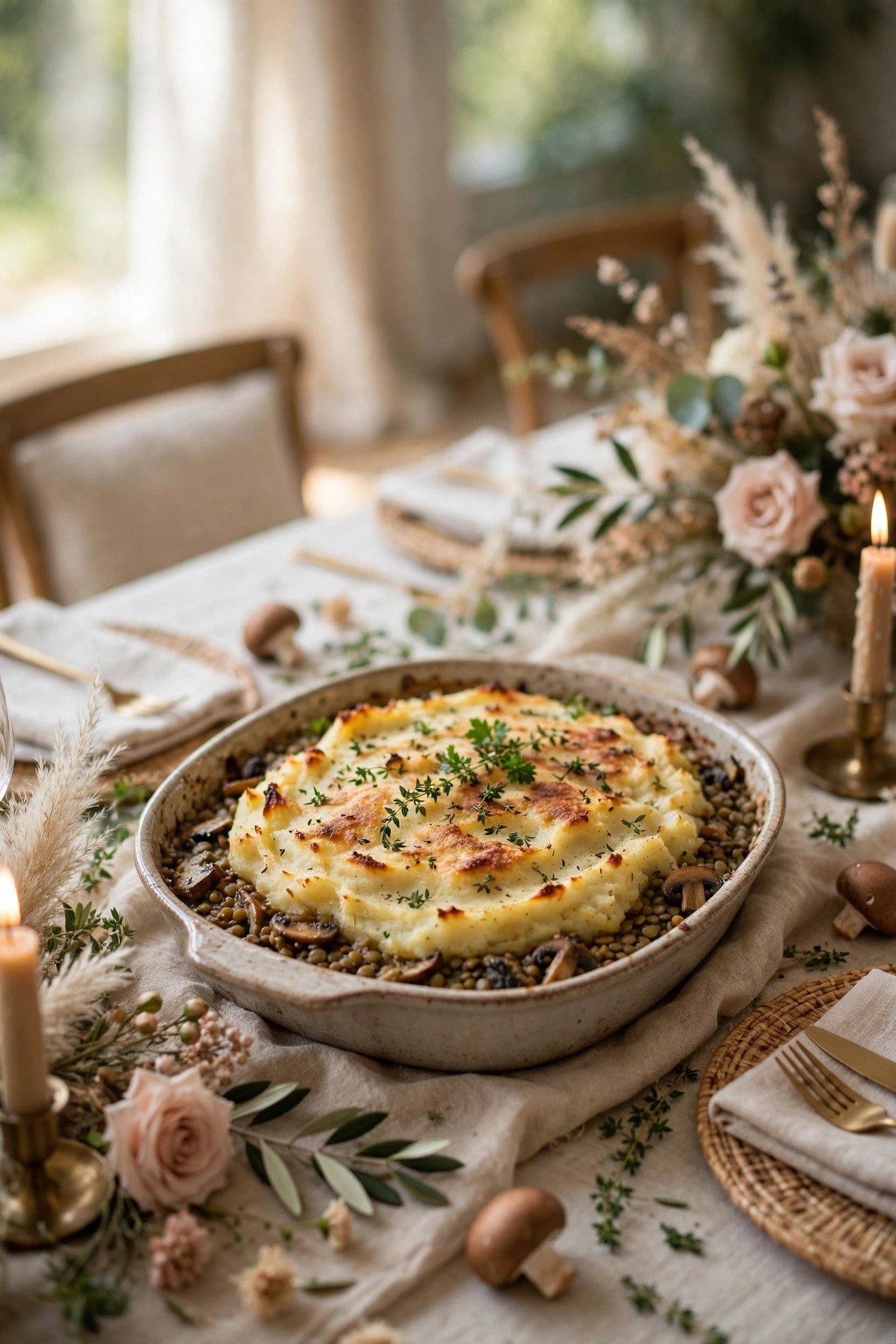 Mushroom and Lentil Shepherd's Pie — wedding catering detail for a 2027 reception