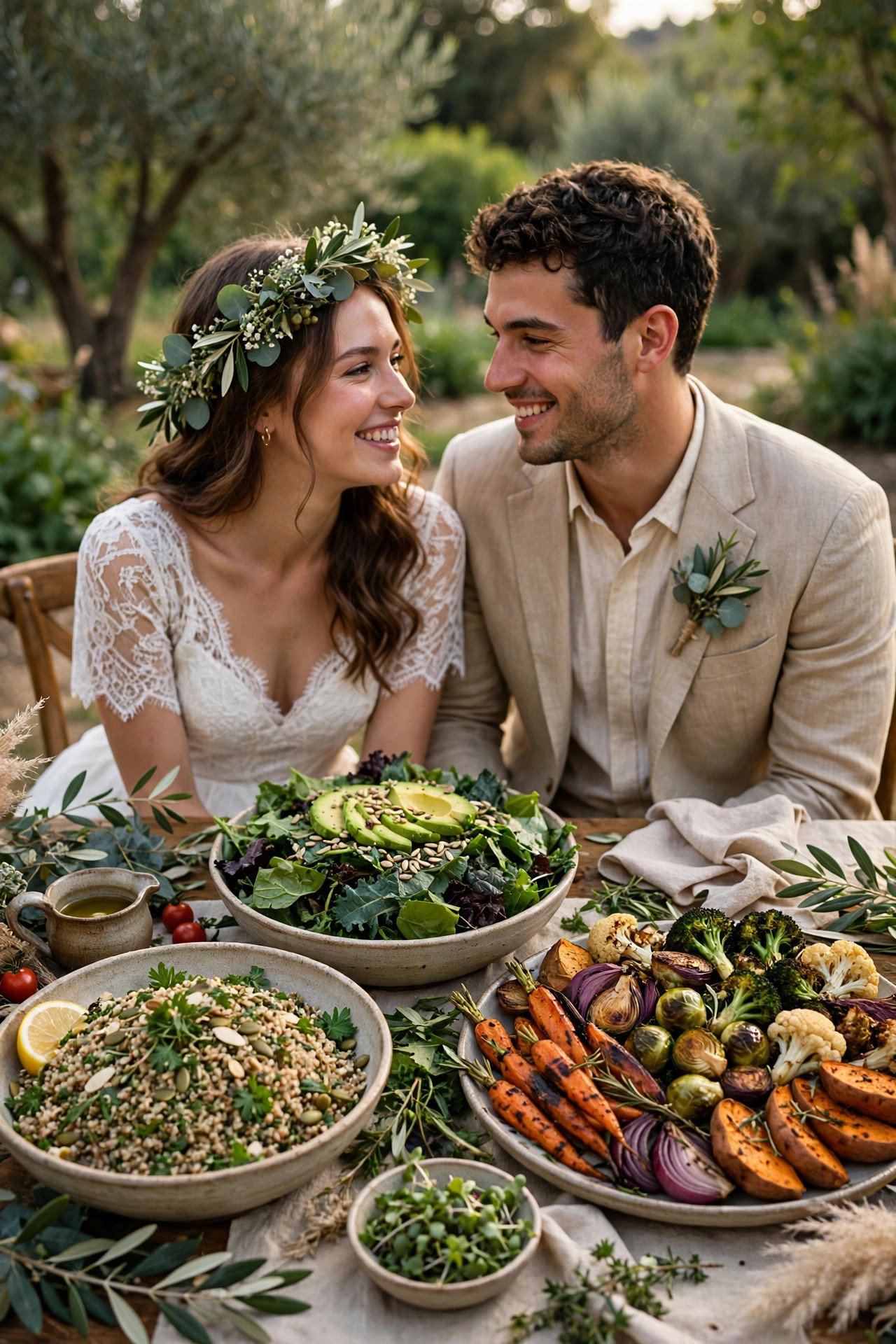 Sides: Grains, Greens and Roasts — wedding catering detail for a 2027 reception