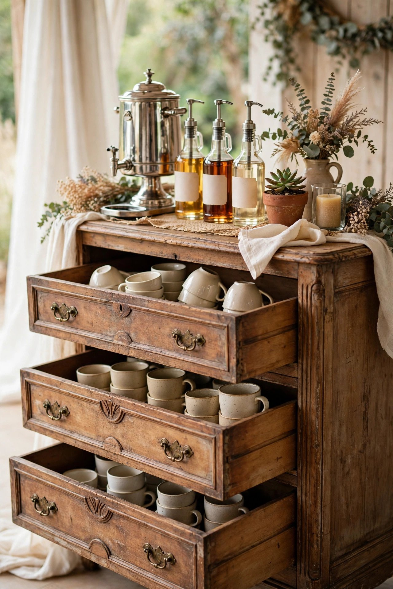 Coffee Bar in a Vintage Cart or Dresser at a wedding reception