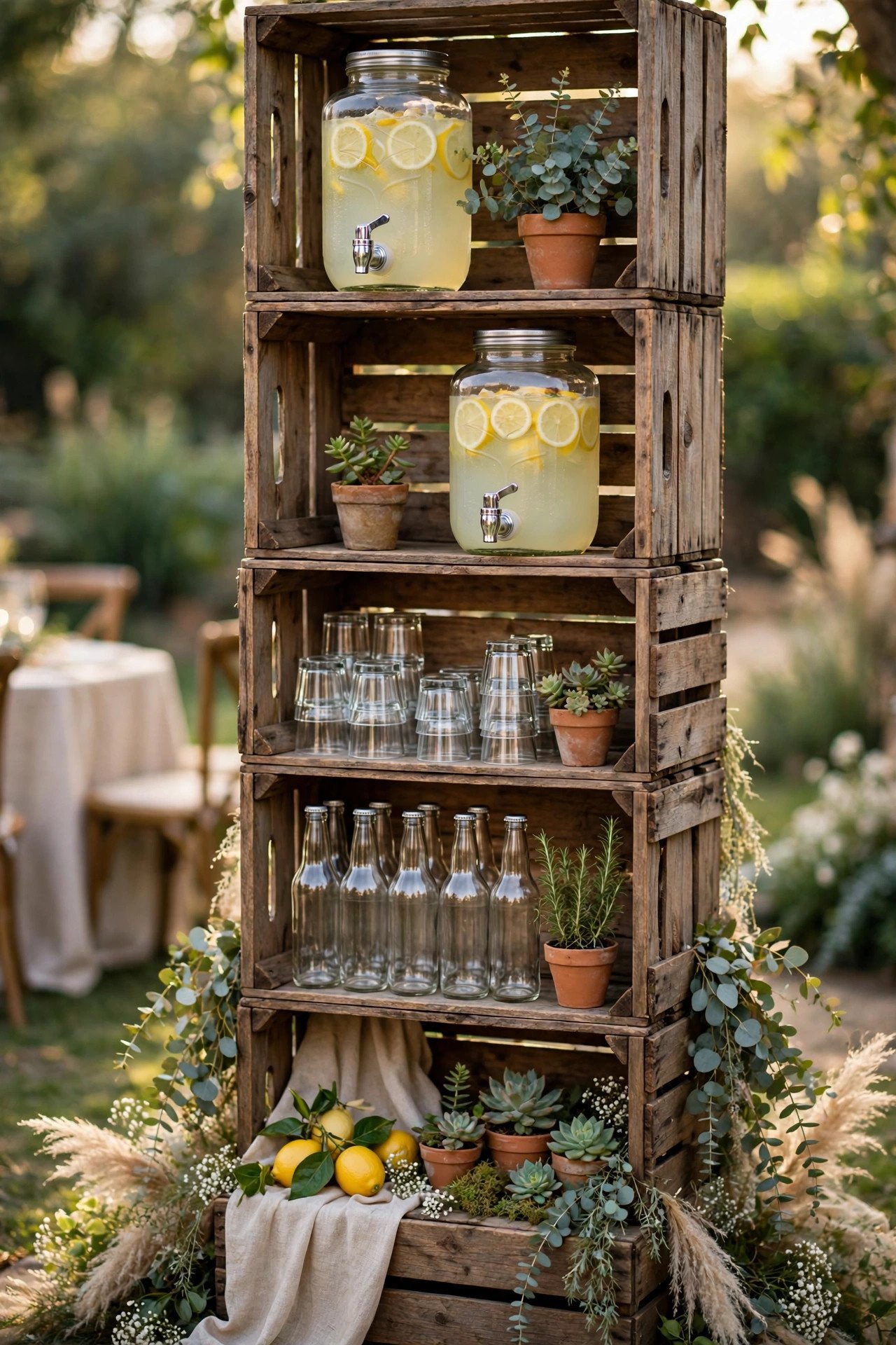 Rustic Crate Tower Stand at a wedding reception