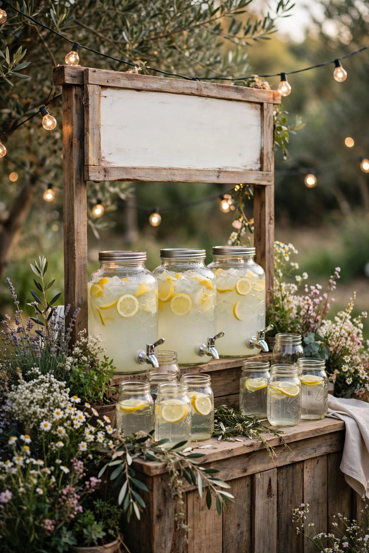 Rustic wedding drink stand with lemonade dispensers and a hand-painted sign outdoors