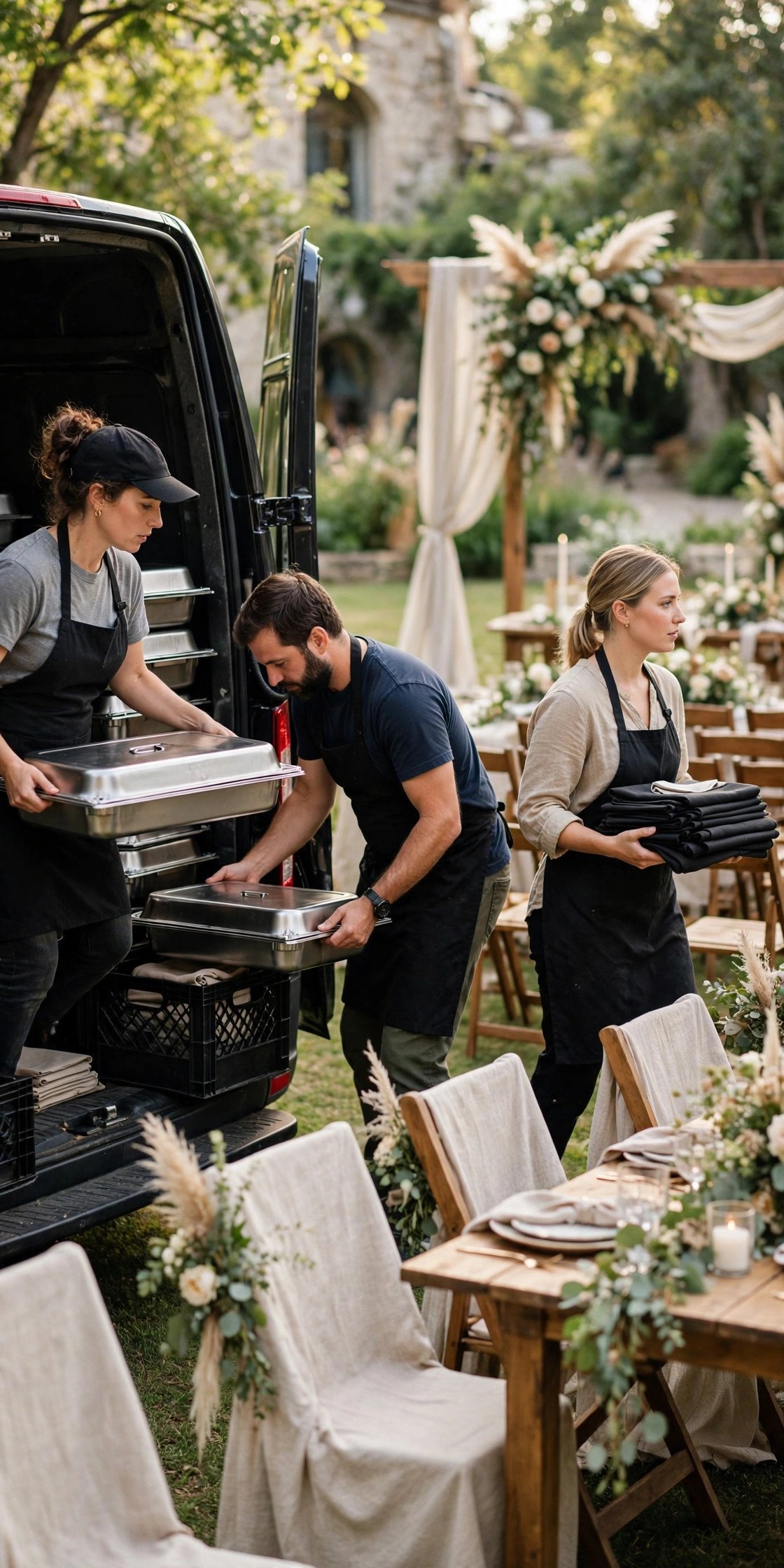 Wedding catering tipping guide photo showing tip setup and delivery crew at drop-off