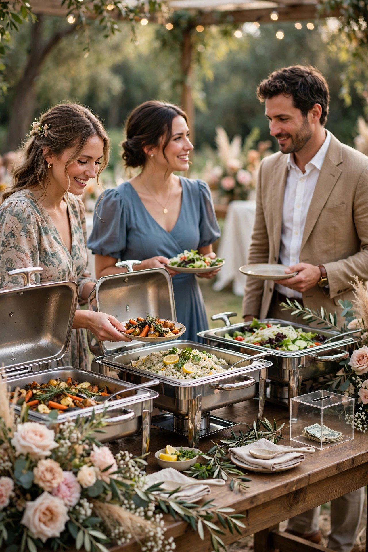 Wedding catering tipping guide photo showing tipping at a buffet or station reception