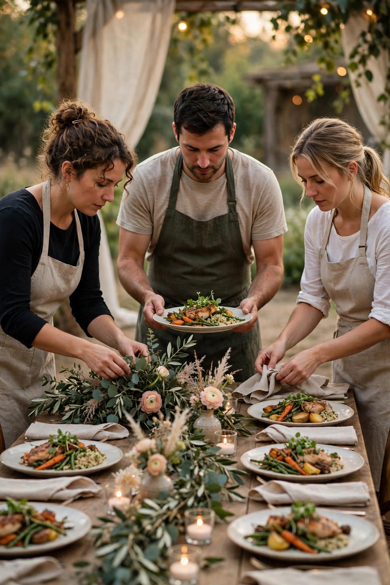 Wedding catering team in aprons setting a long reception table with plated dinners