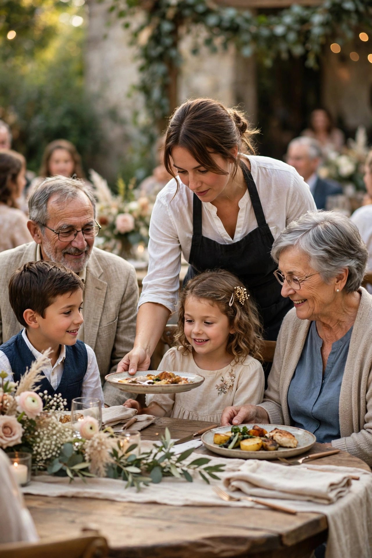 Wedding dinner timing photo showing feeding kids and older guests first