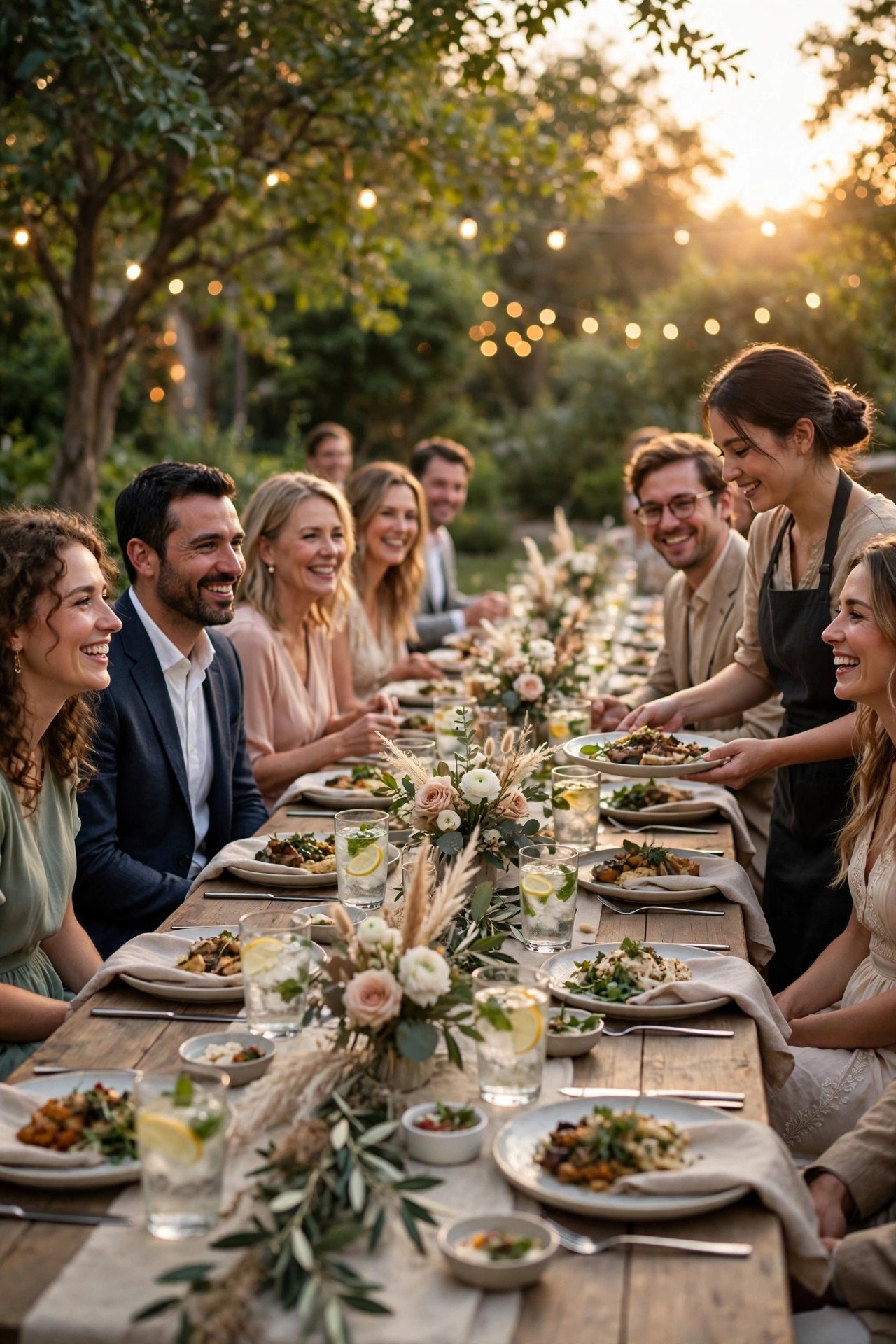 Long reception table being served dinner at golden hour with guests seated and smiling