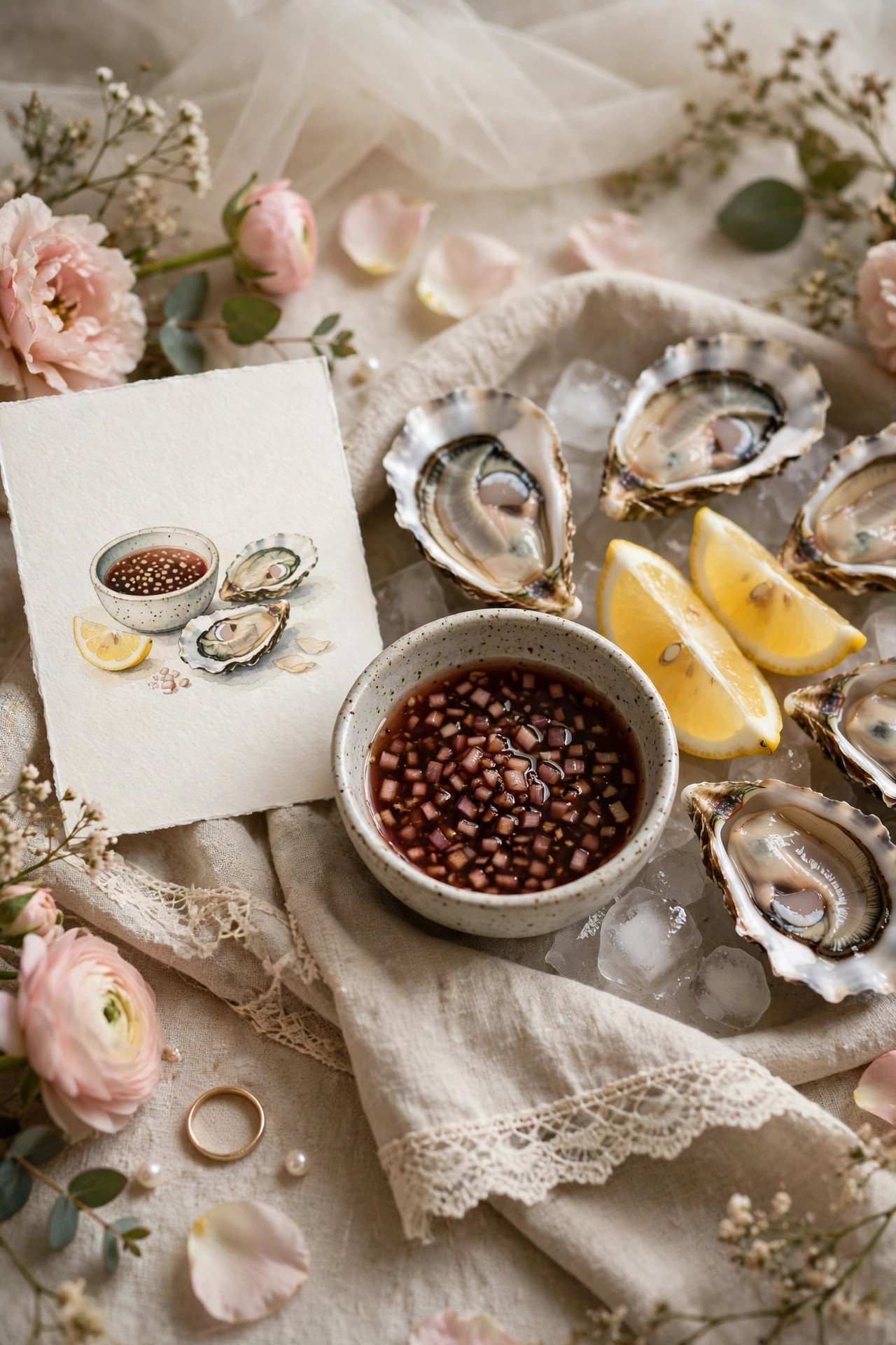 Wedding oyster bar photo showing the classic mignonette