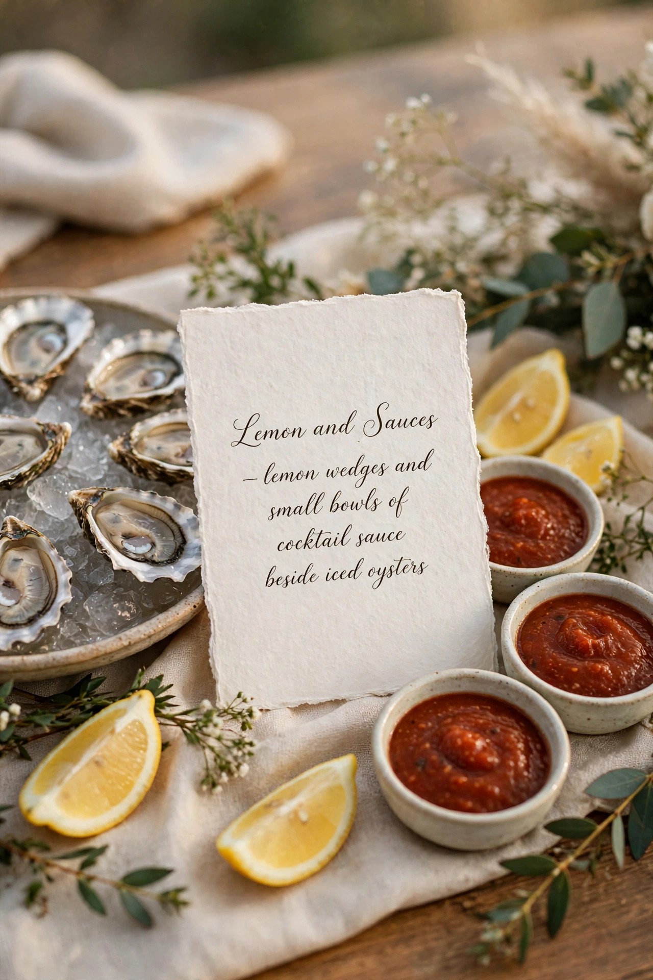 Wedding oyster bar photo showing lemon, cocktail sauce, and hot sauce
