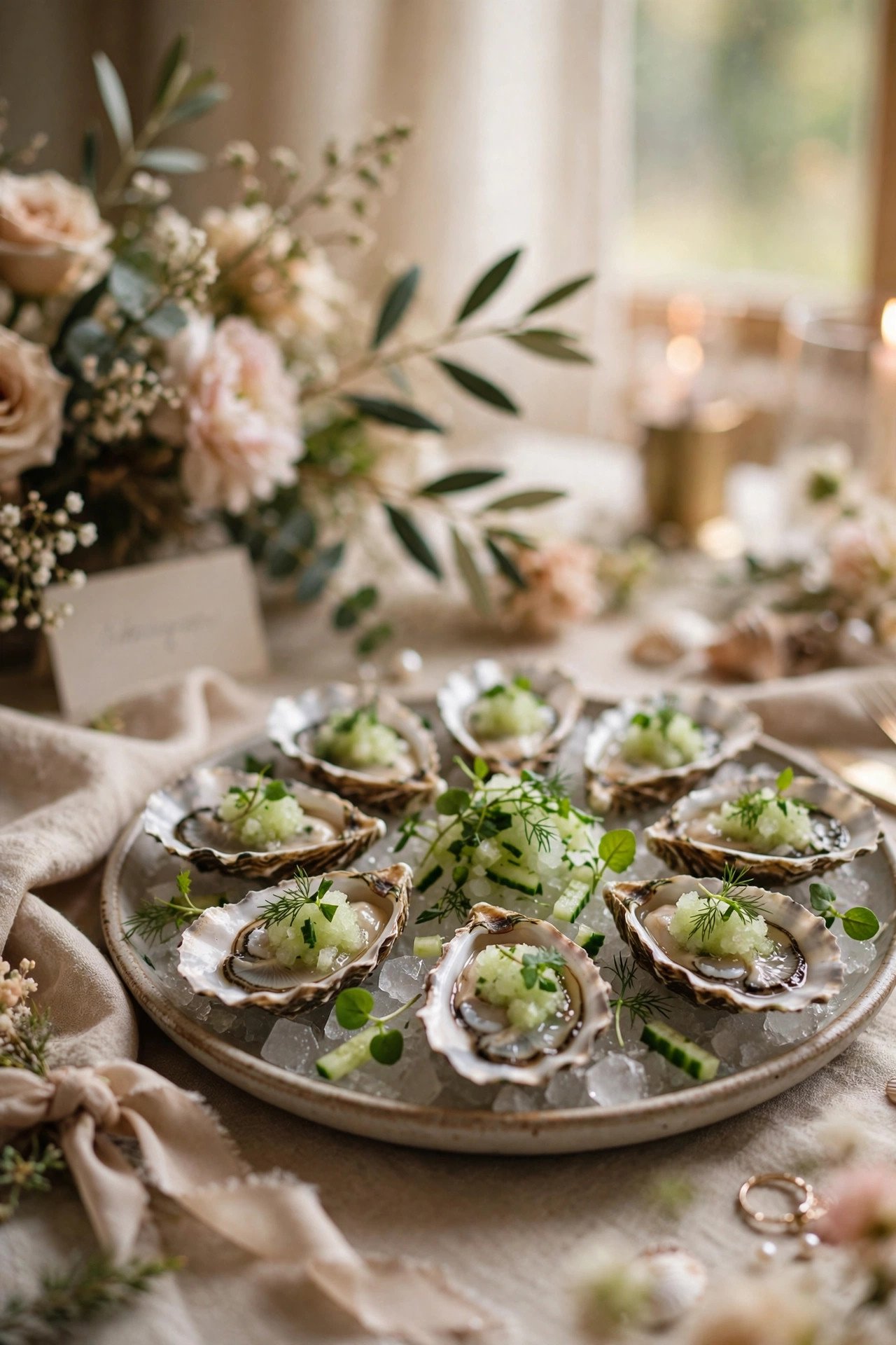 Wedding oyster bar photo showing creative toppings that still respect the oyster
