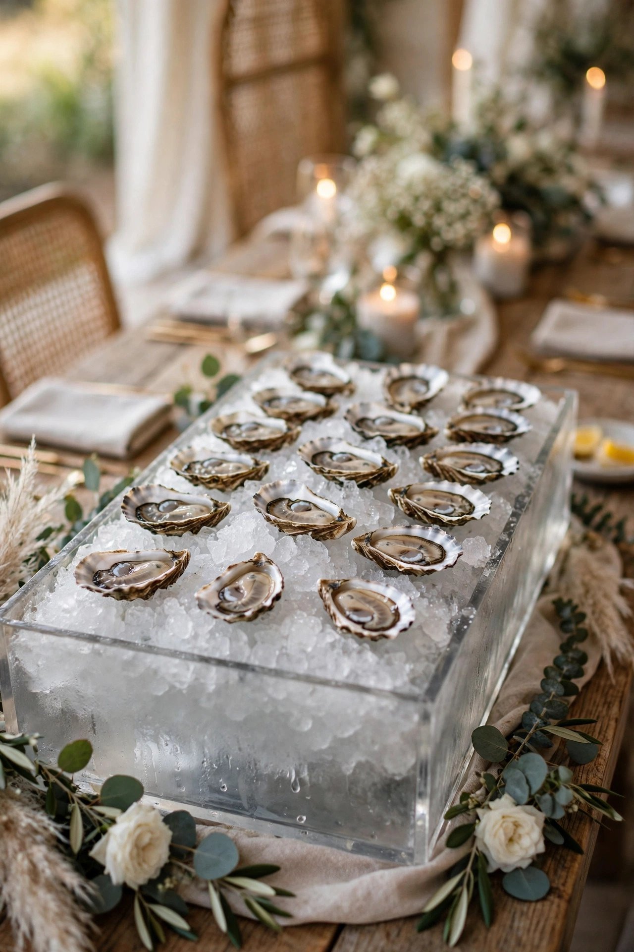 Wedding oyster bar photo showing the ice display: crushed, deep, and drained
