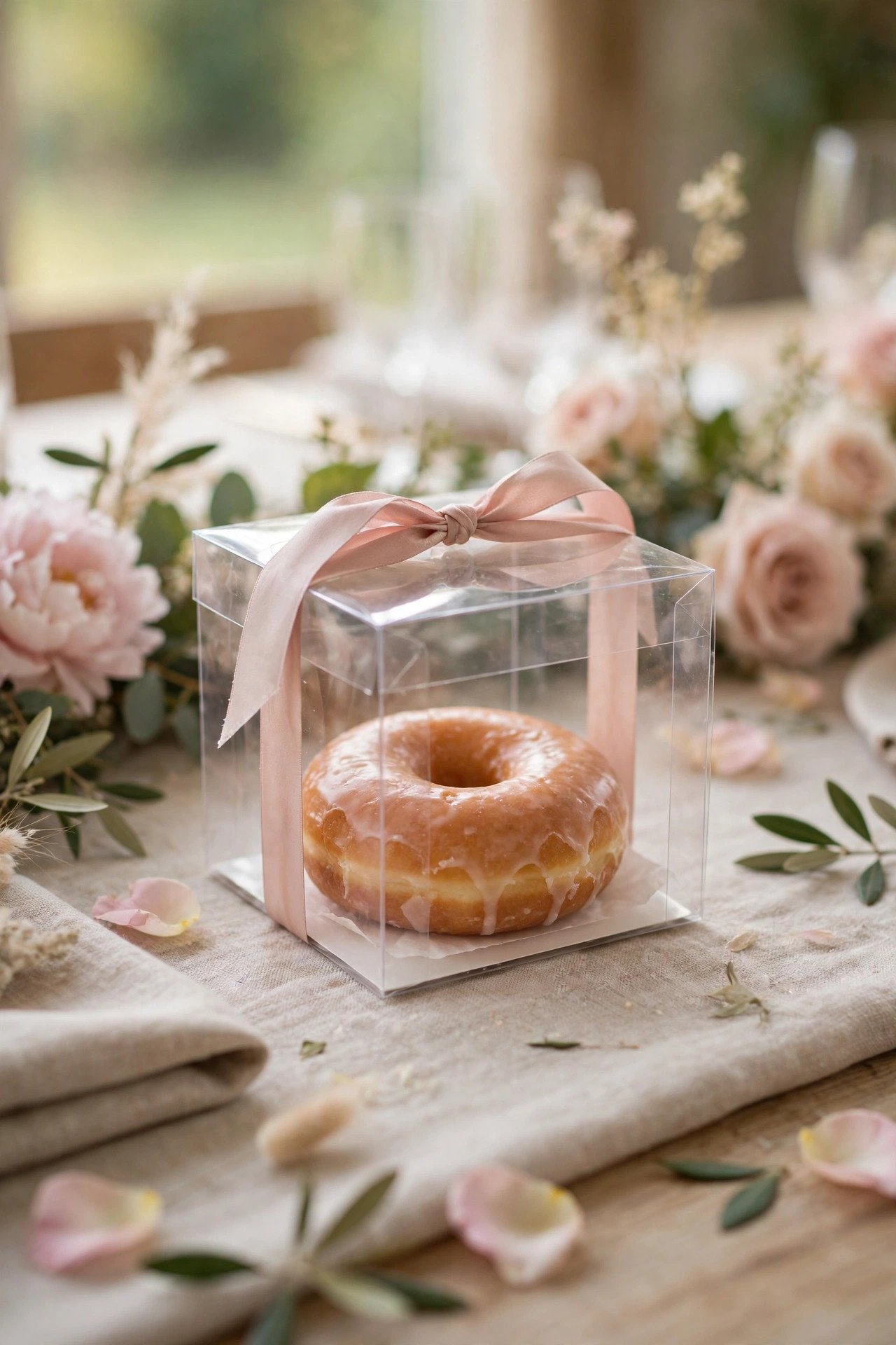 Wedding donut favor photo showing the single boxed donut
