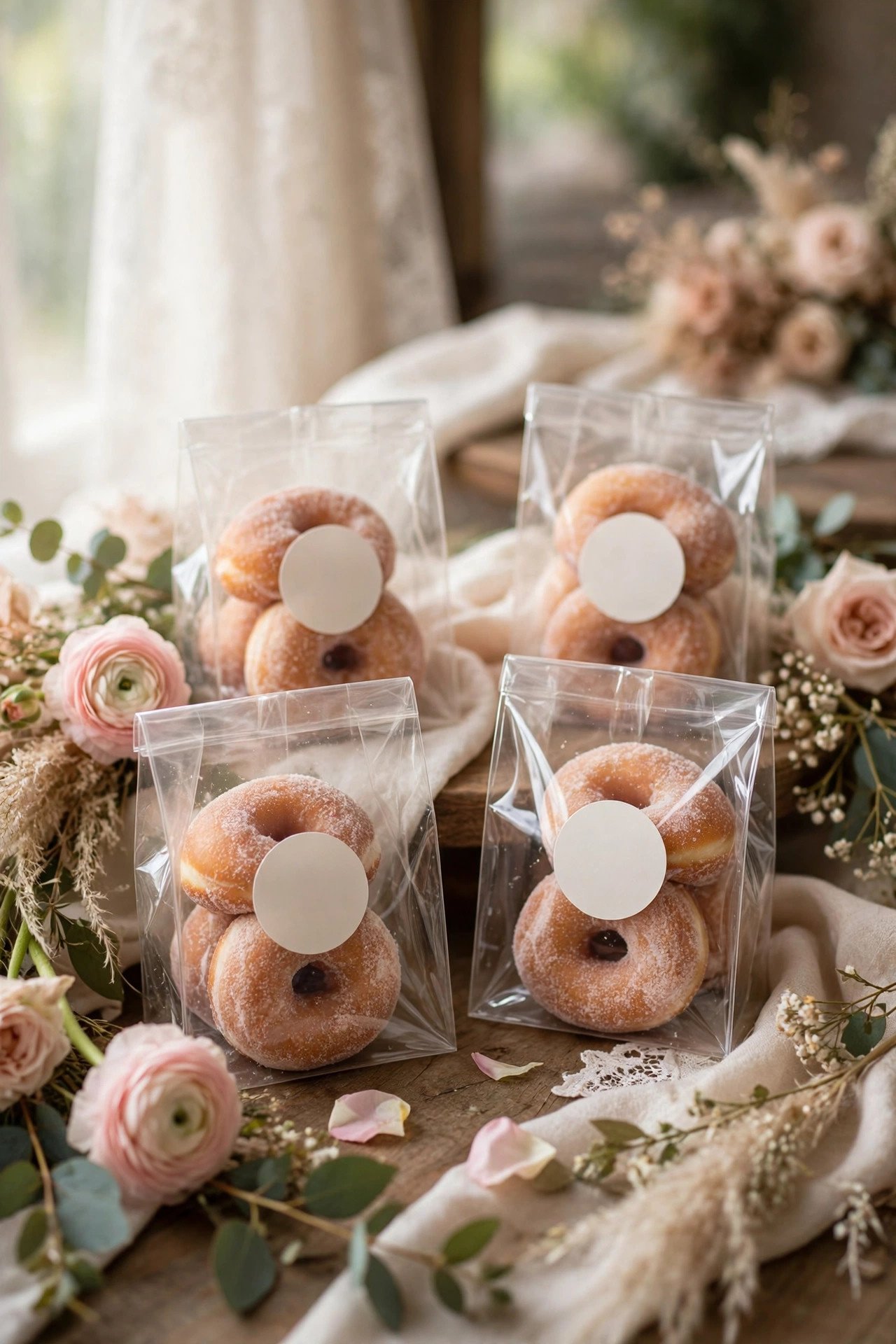 Wedding donut favor photo showing glassine bags with a bakery seal