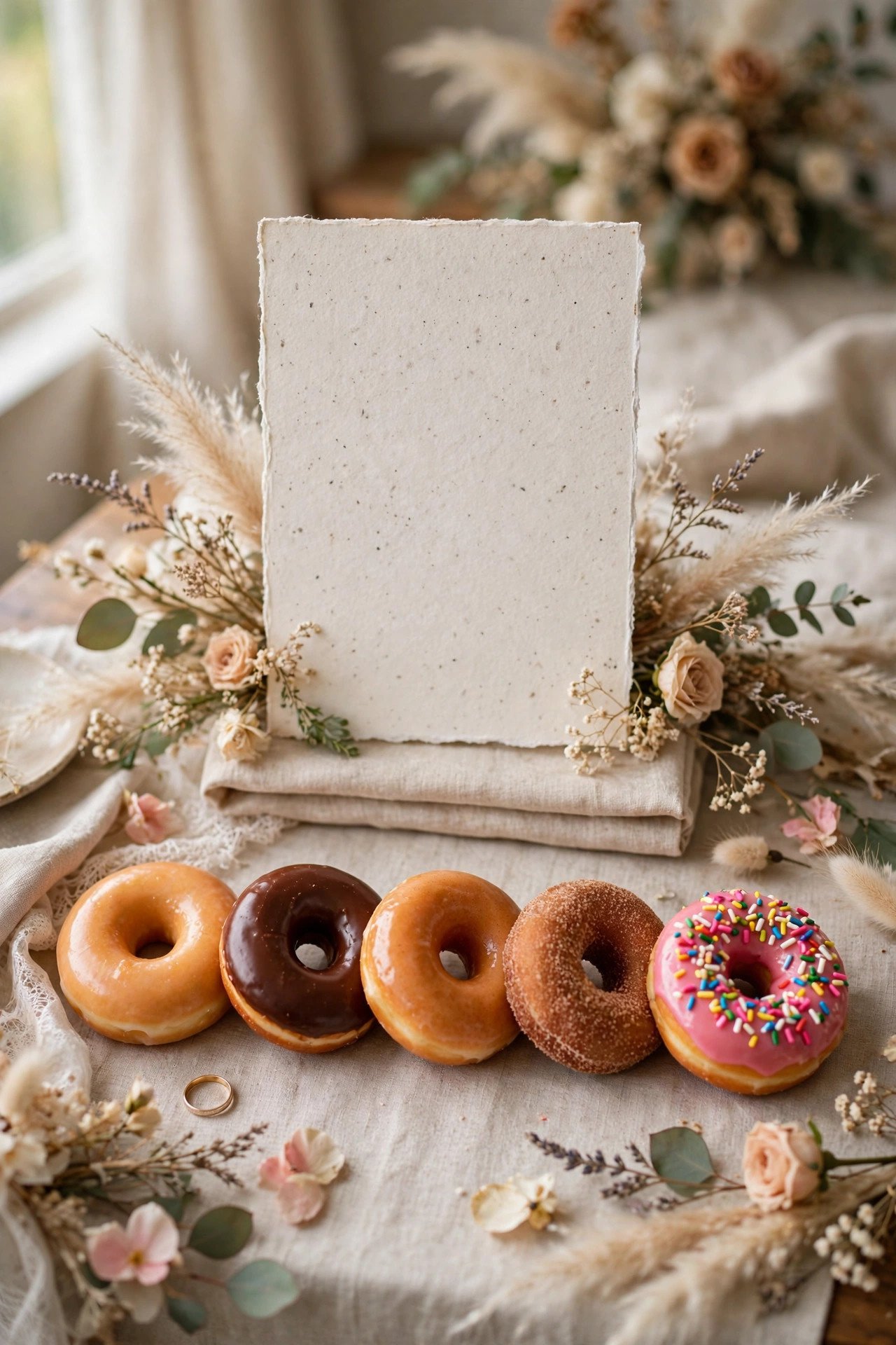 Wedding donut favor photo showing flavor lineup: classics plus one wildcard