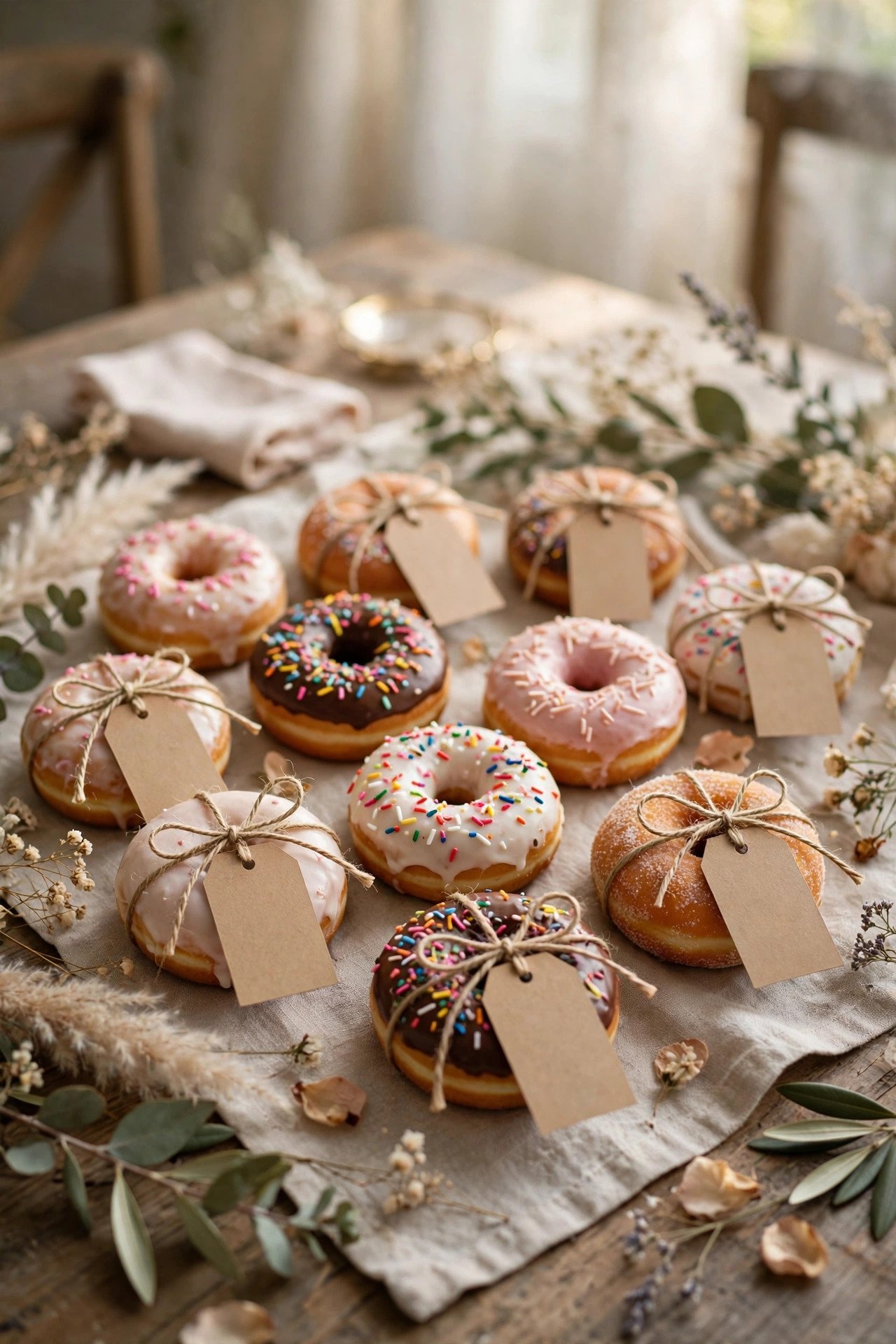 Wedding donut favor photo showing tags and puns that earn the photo
