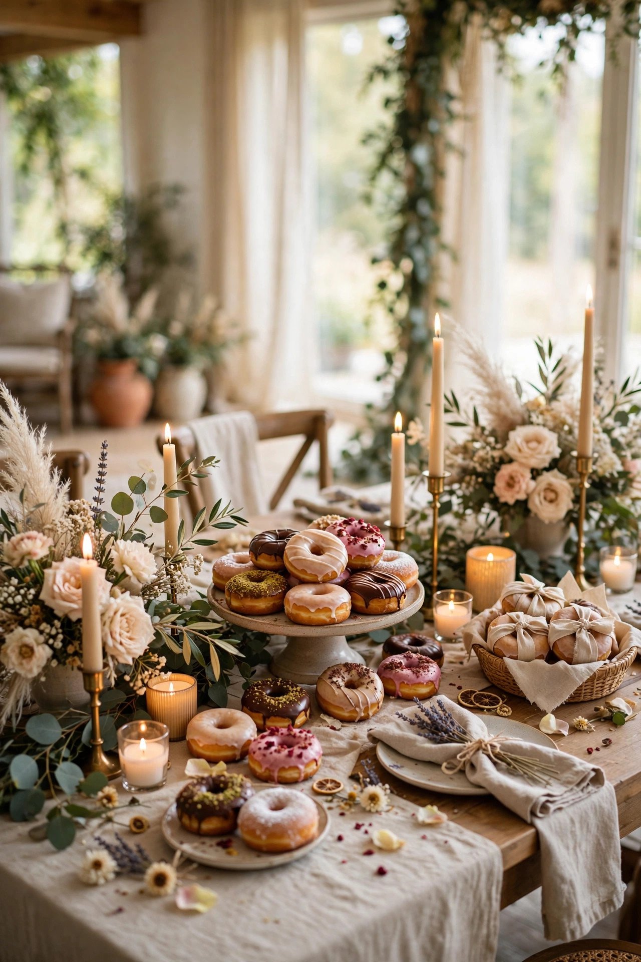 Wedding donut favor photo showing favor table styling that doubles as decor