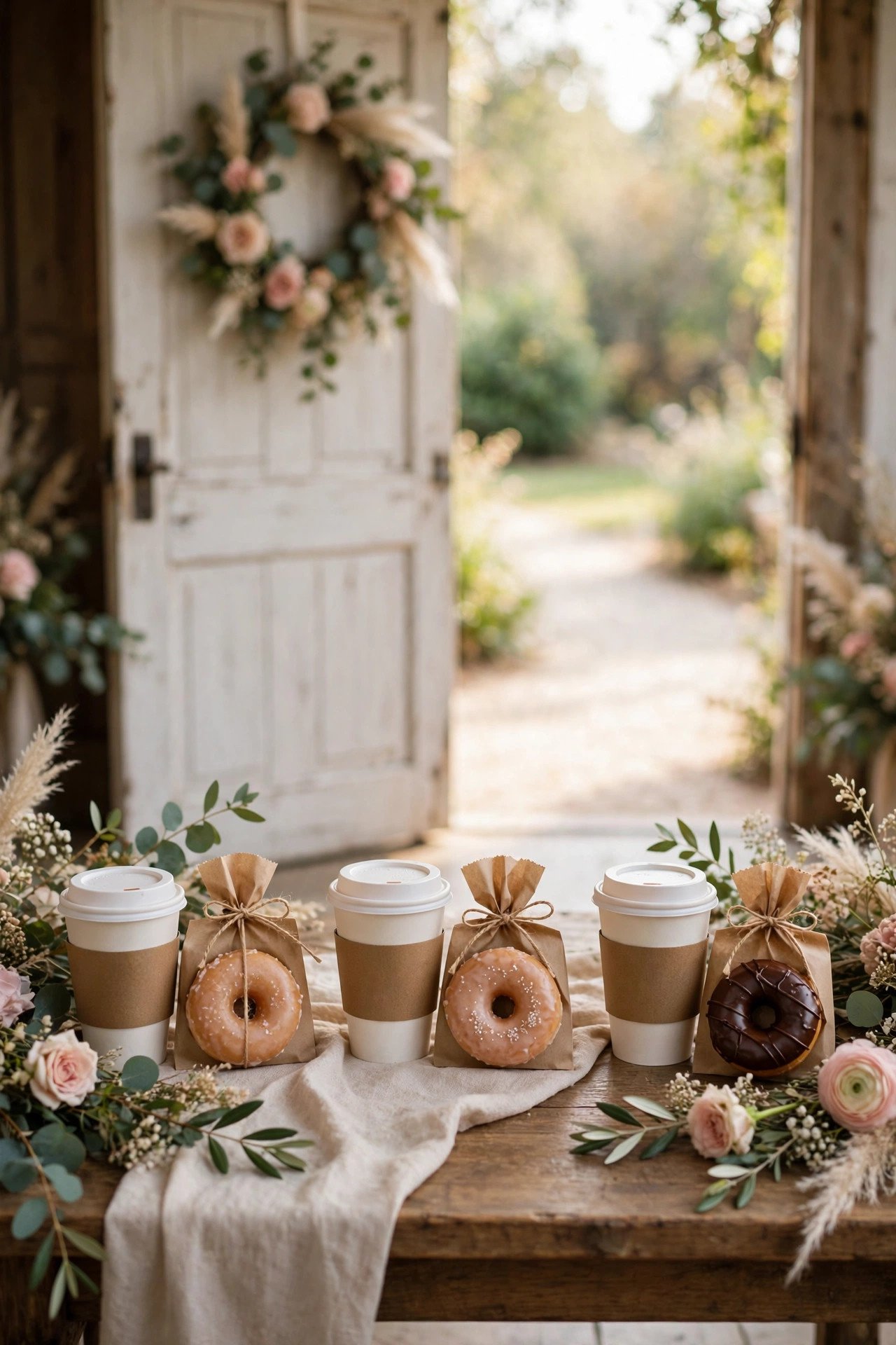 Wedding donut favor photo showing pair with coffee-to-go