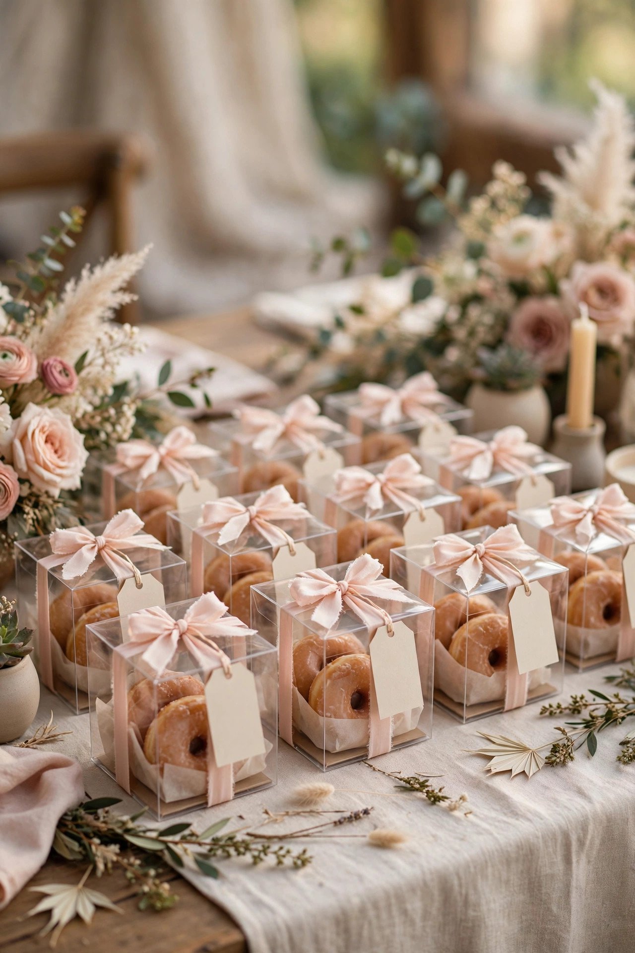Wedding donut favors in clear boxes with blush ribbons and thank-you tags on a favor table