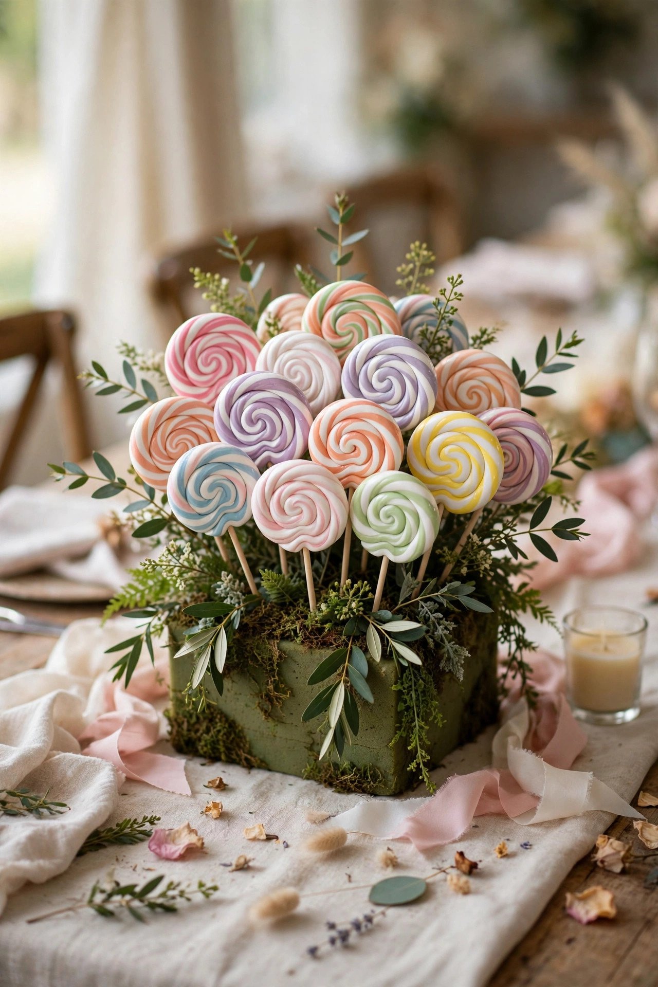 Wedding candy table idea for kids: lollipop garden display