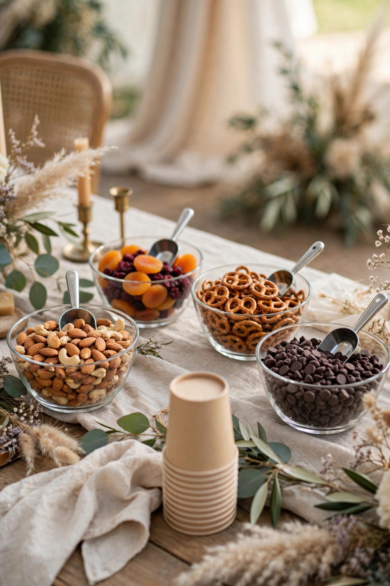 Wedding candy table idea for kids: build-your-own trail mix scoops