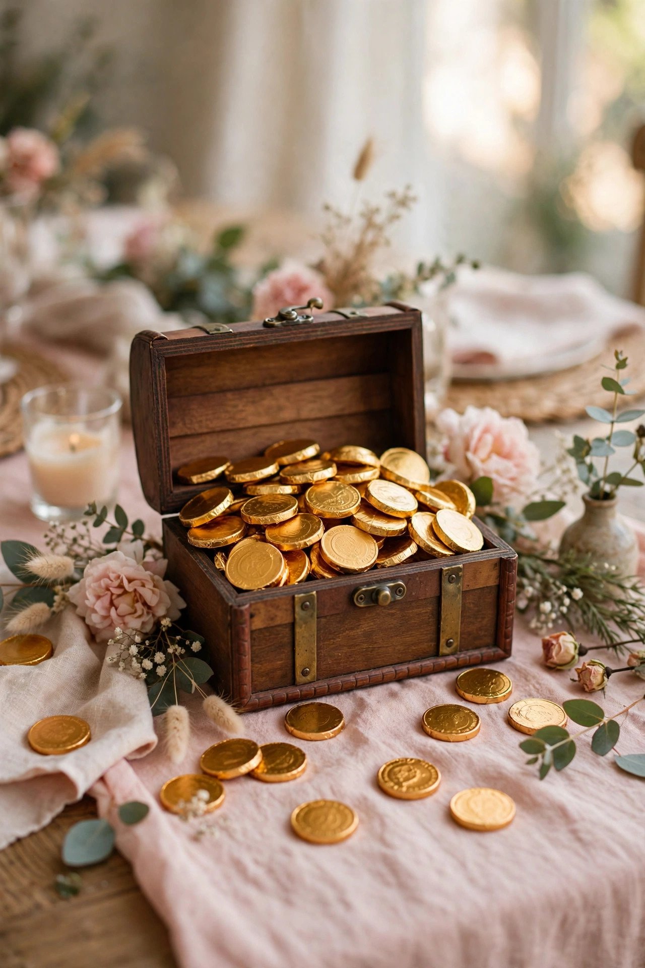 Wedding candy table idea for kids: chocolate coin treasure chest