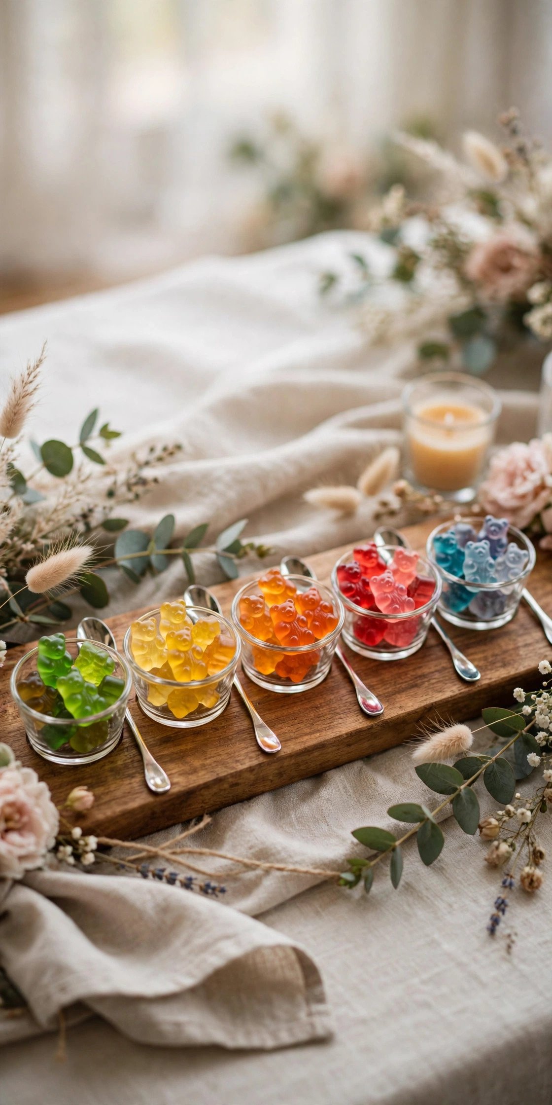 Wedding candy table idea for kids: gummy bear flavor flight